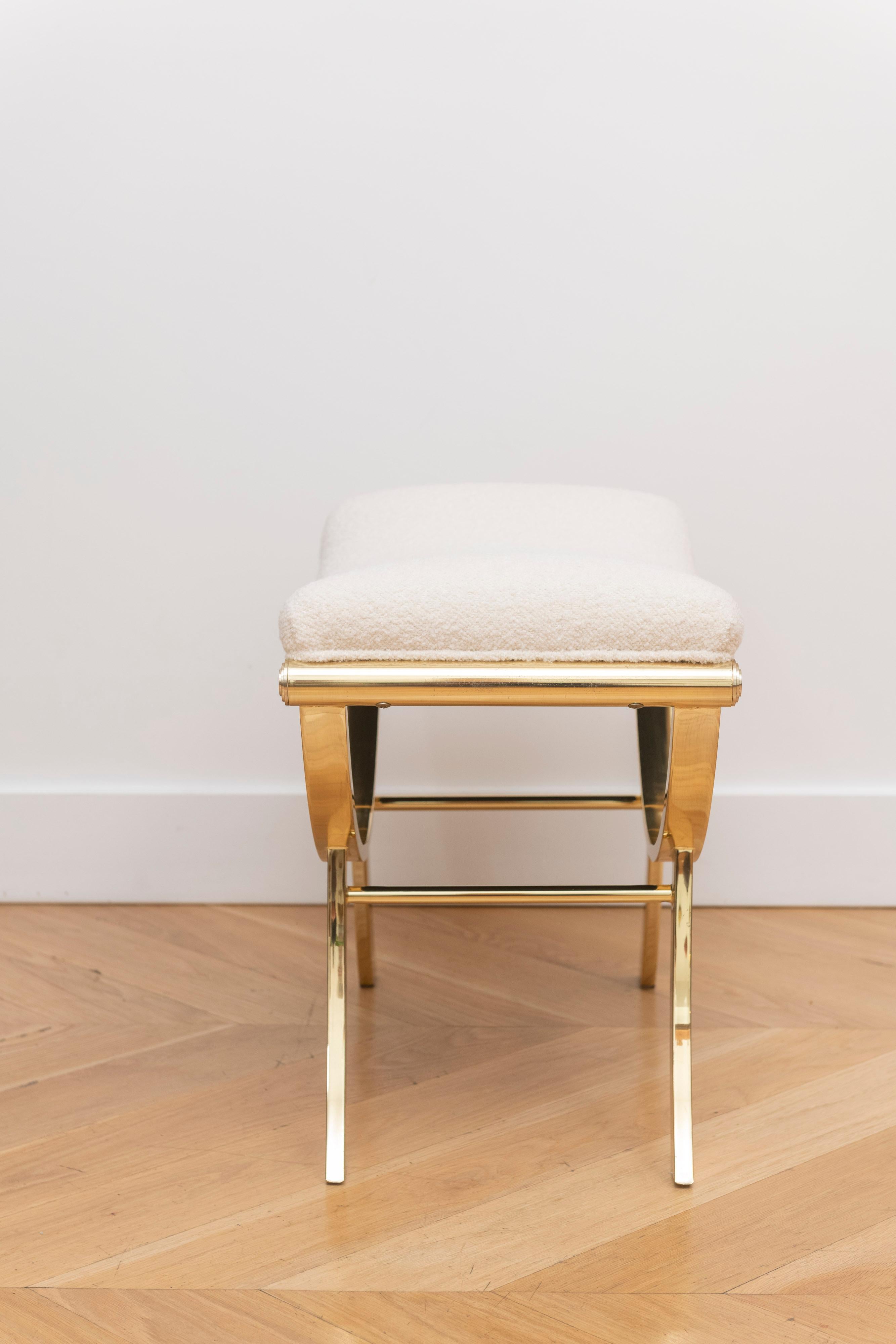 Newly upholstered Hollywood Regency Style Italian Brass Stool For Sale 1