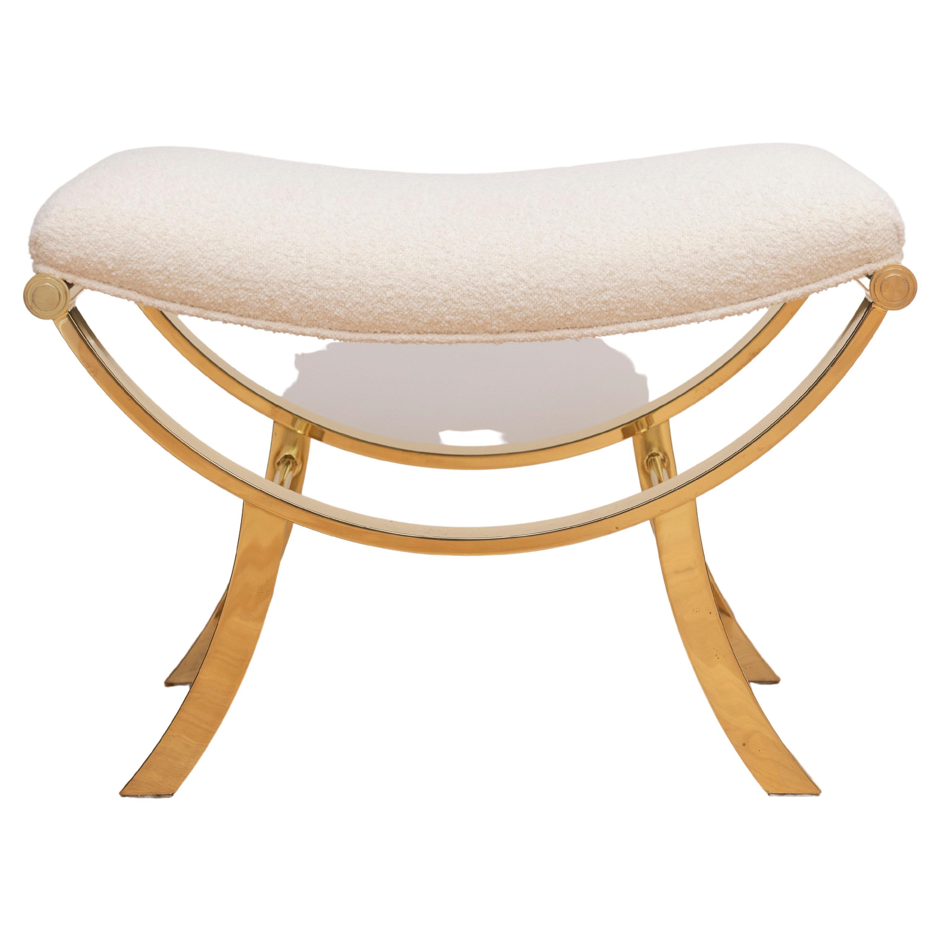 Newly upholstered Hollywood Regency Style Italian Brass Stool For Sale