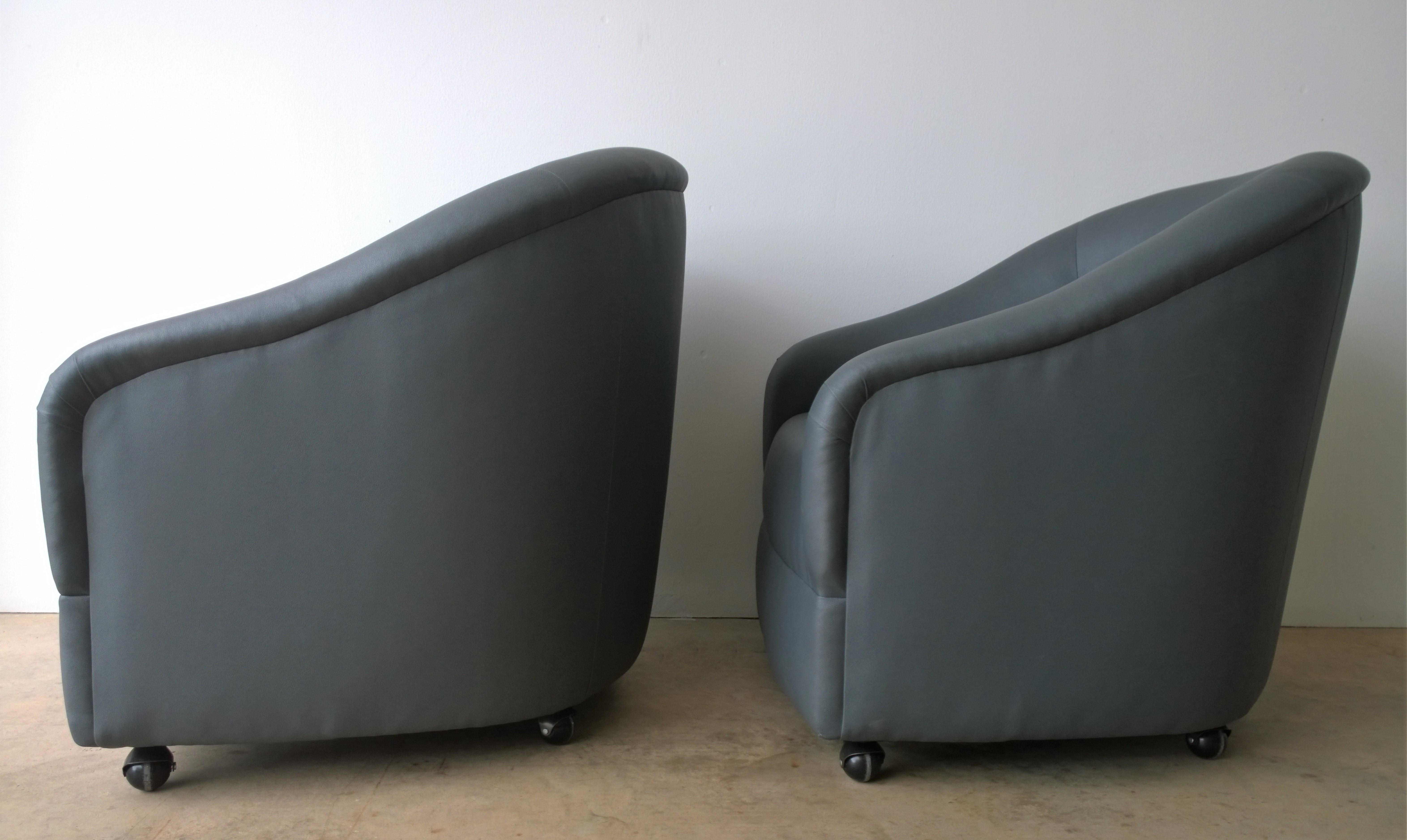 Upholstery Newly Upholstered in Knoll Whip Gray Barrel Back Club/Armchairs on Casters, Pair For Sale