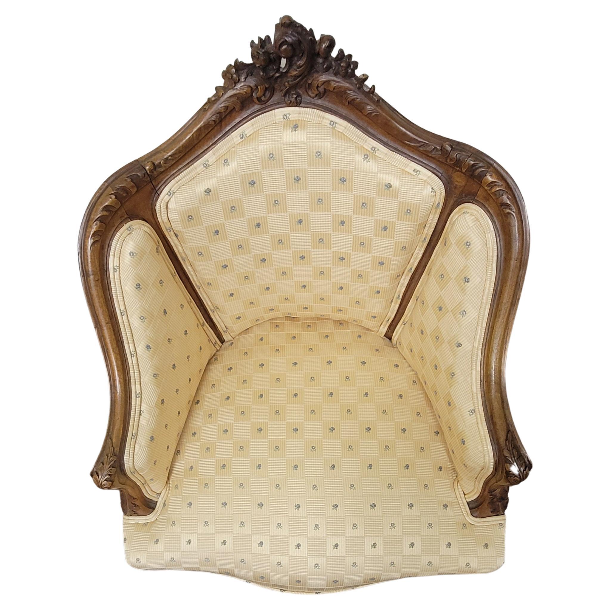Louis XVI 1940s Newly Upholstered Louis XV Provincial Carved Mahogany Bergère Chair
