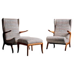 Newly Upholstered Lounge Chair and Stool Set, 1950s light multicolored fabric