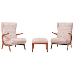 Newly Upholstered Lounge Chair and Stool Set, Italy, 1950s