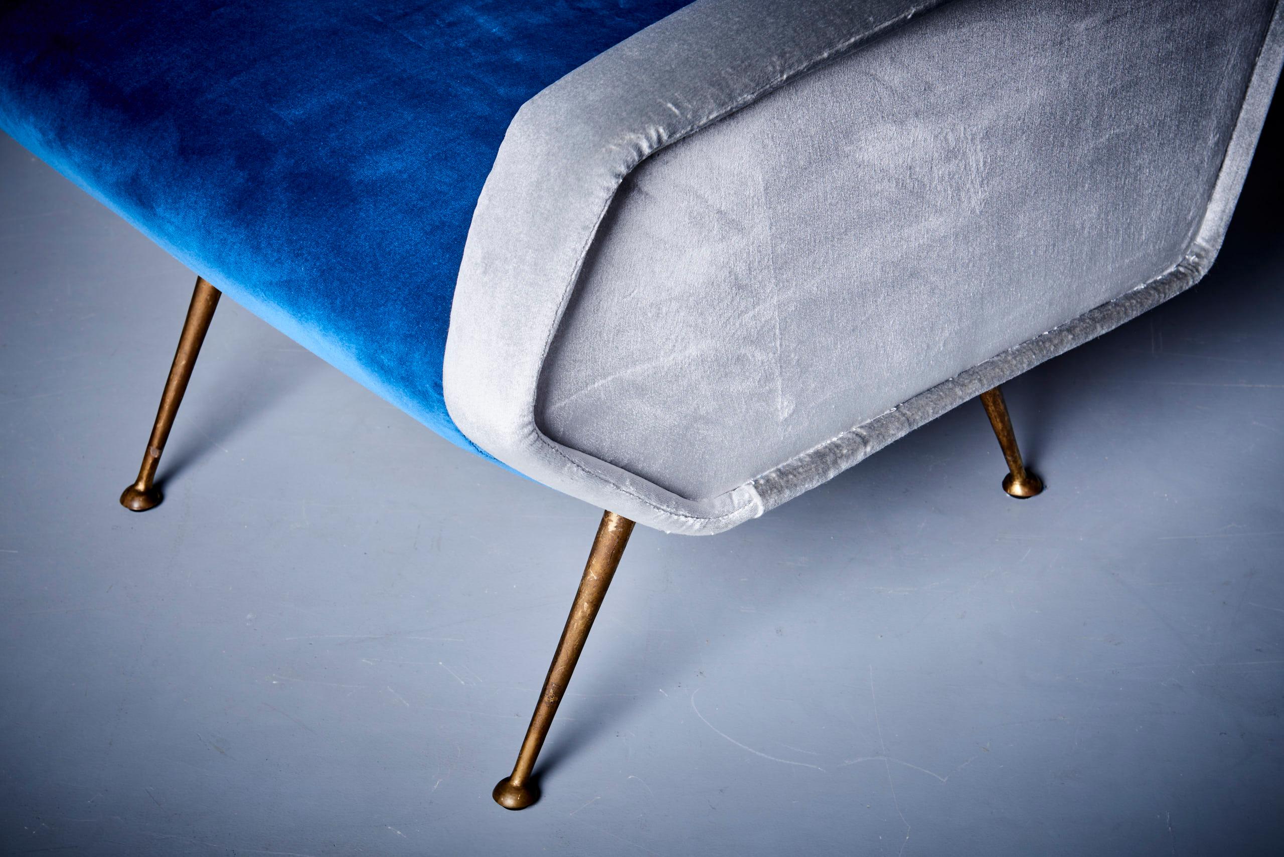 Lounge Chair in the manner of Gio Ponti Blue and Grey, Italy - 1950s. Newly upholstered and in excellent condition. Brass base and velvet upholstery.
