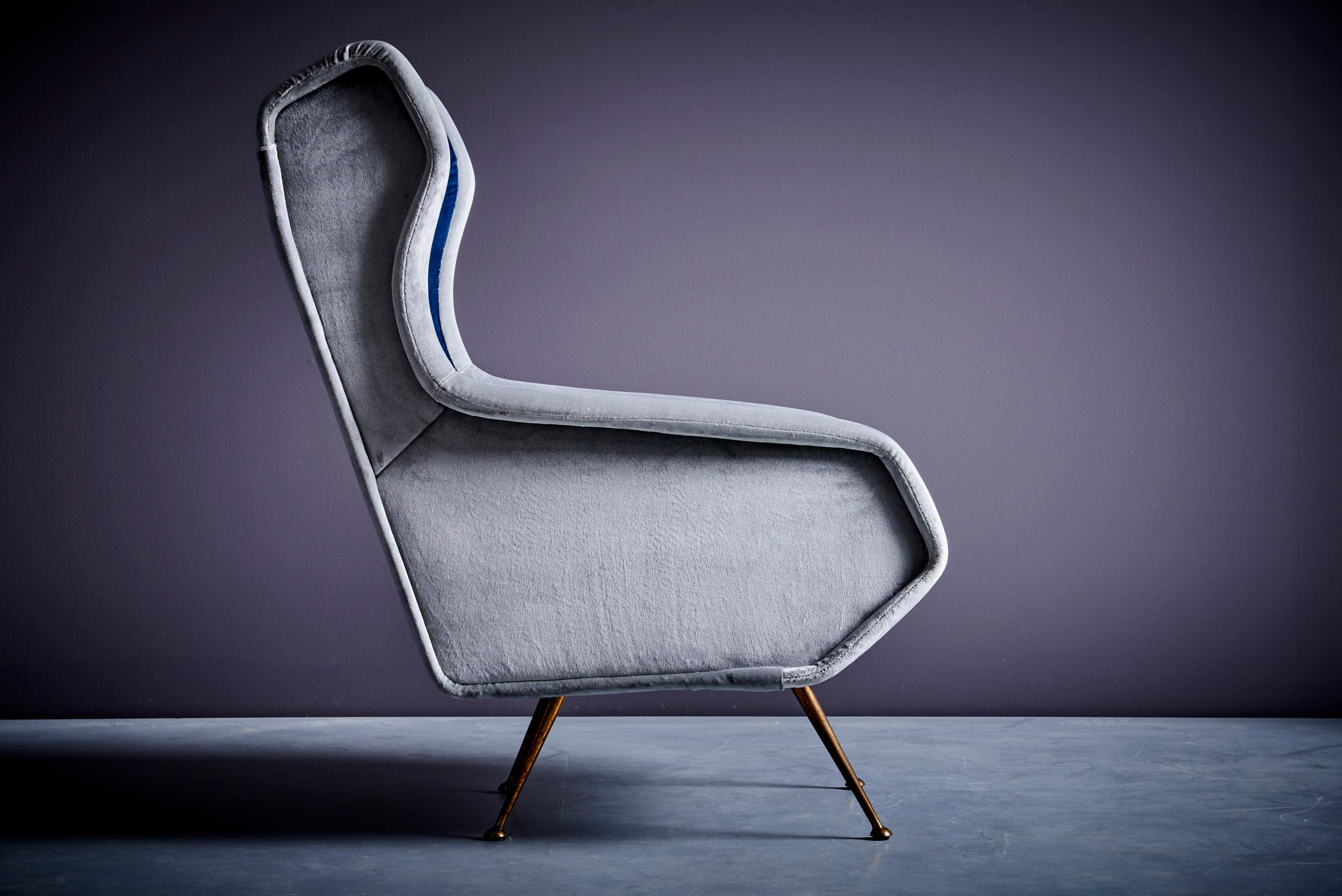 Italian Newly upholstered Lounge Chair in Blue and Grey Italy - 1950s For Sale