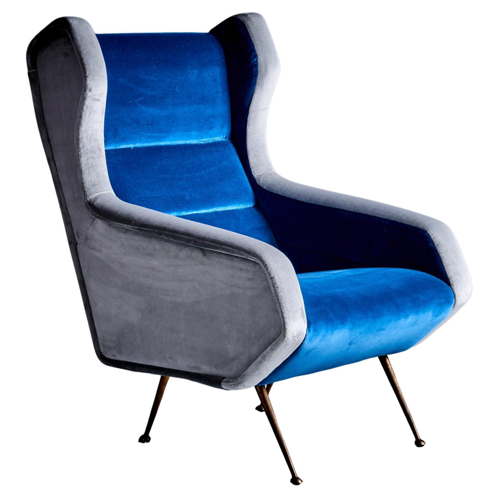 Newly upholstered Lounge Chair in Blue and Grey Italy - 1950s For Sale