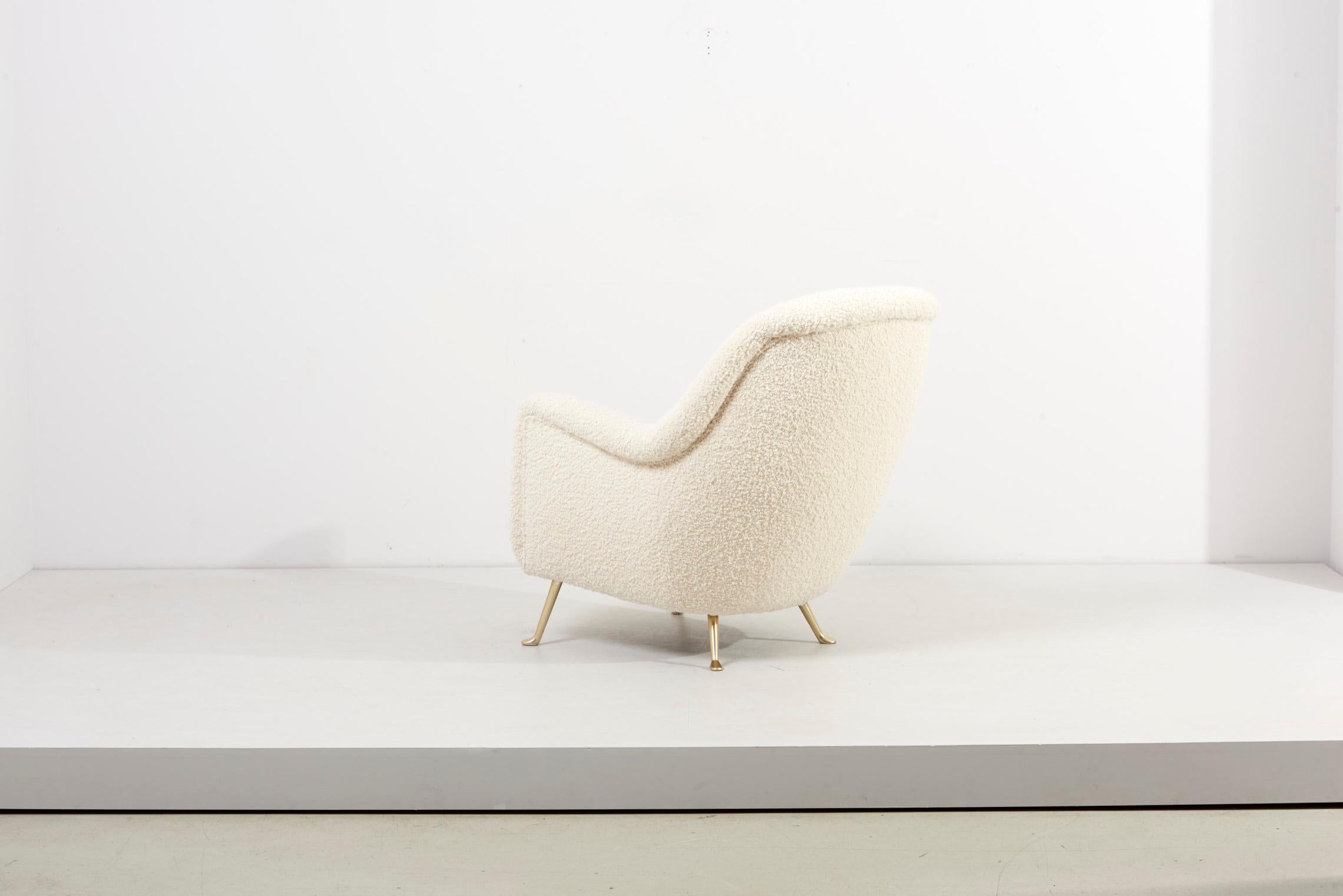 Mid-20th Century Newly Upholstered Lounge Chair in White Bouclé, 1960s