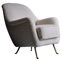 Newly Upholstered Lounge Chair in White Bouclé, 1960s