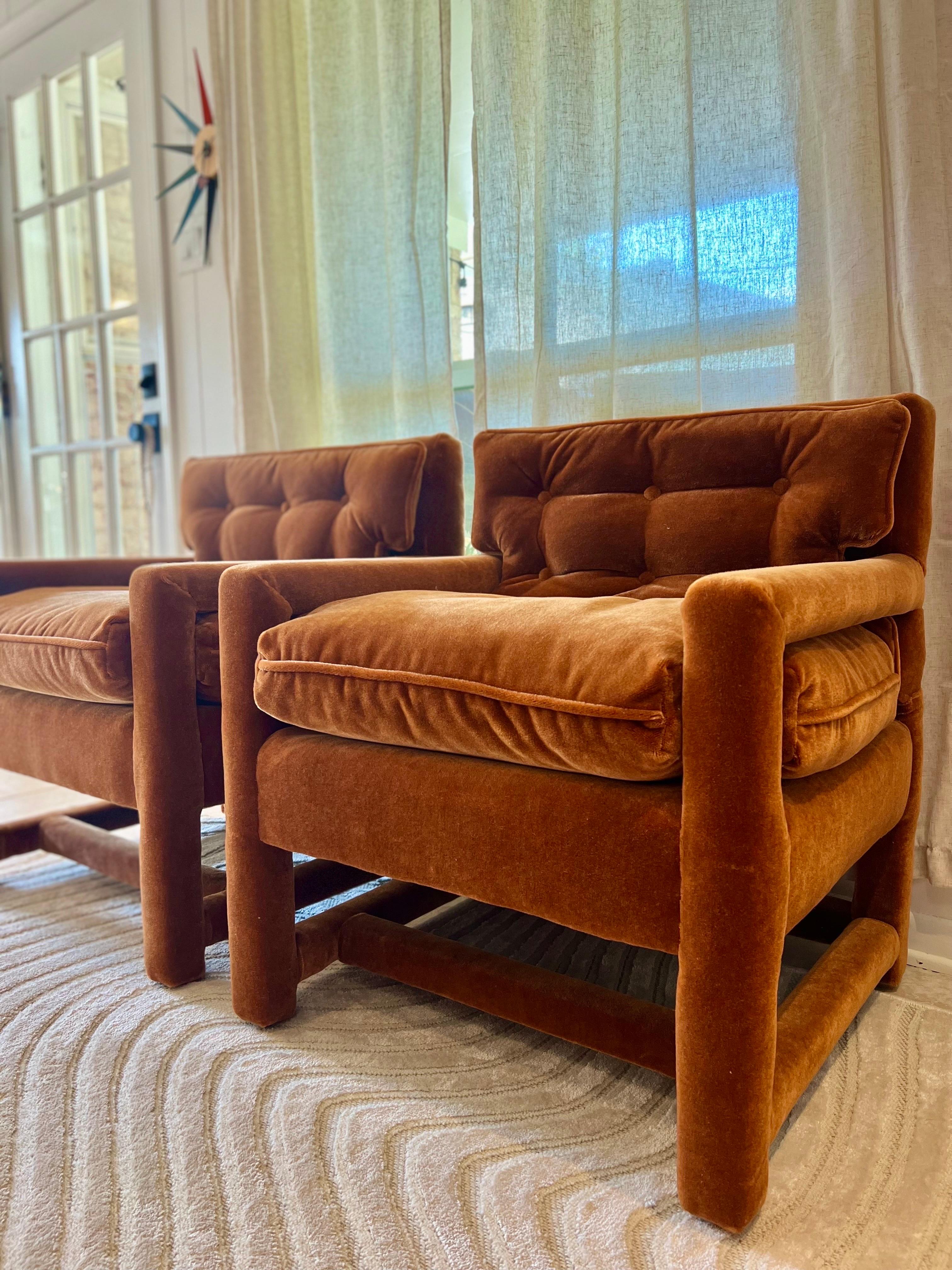 Mid-Century Modern Newly Upholstered MCM Burnt Orange Velvet Milo Baughman Style Parsons Chairs