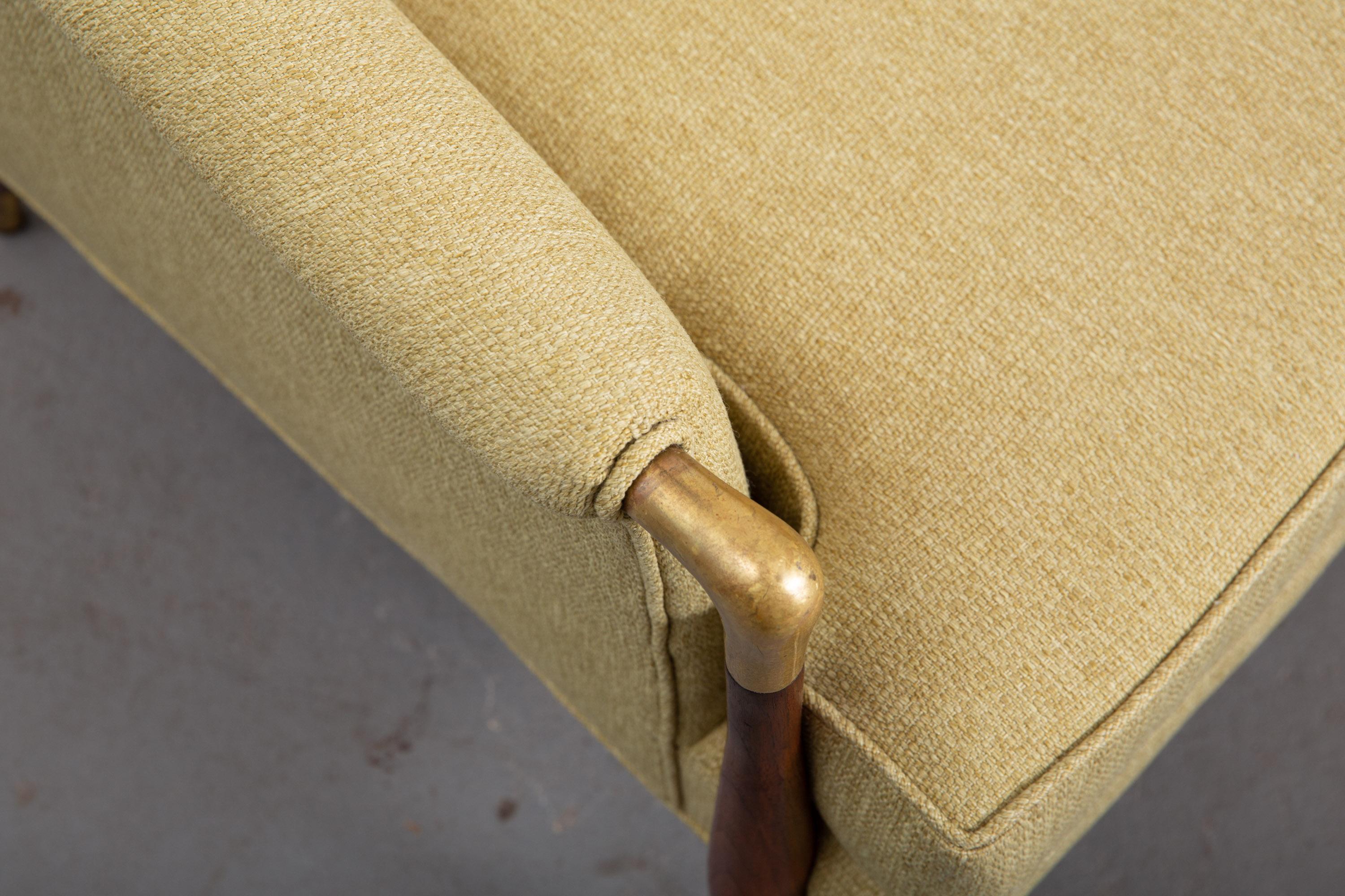American Newly Upholstered Mid-Century Modern Armchair with Brass Details