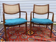Newly Upholstered Mid-Century Modern Cane Back Arm Chairs, a Pair