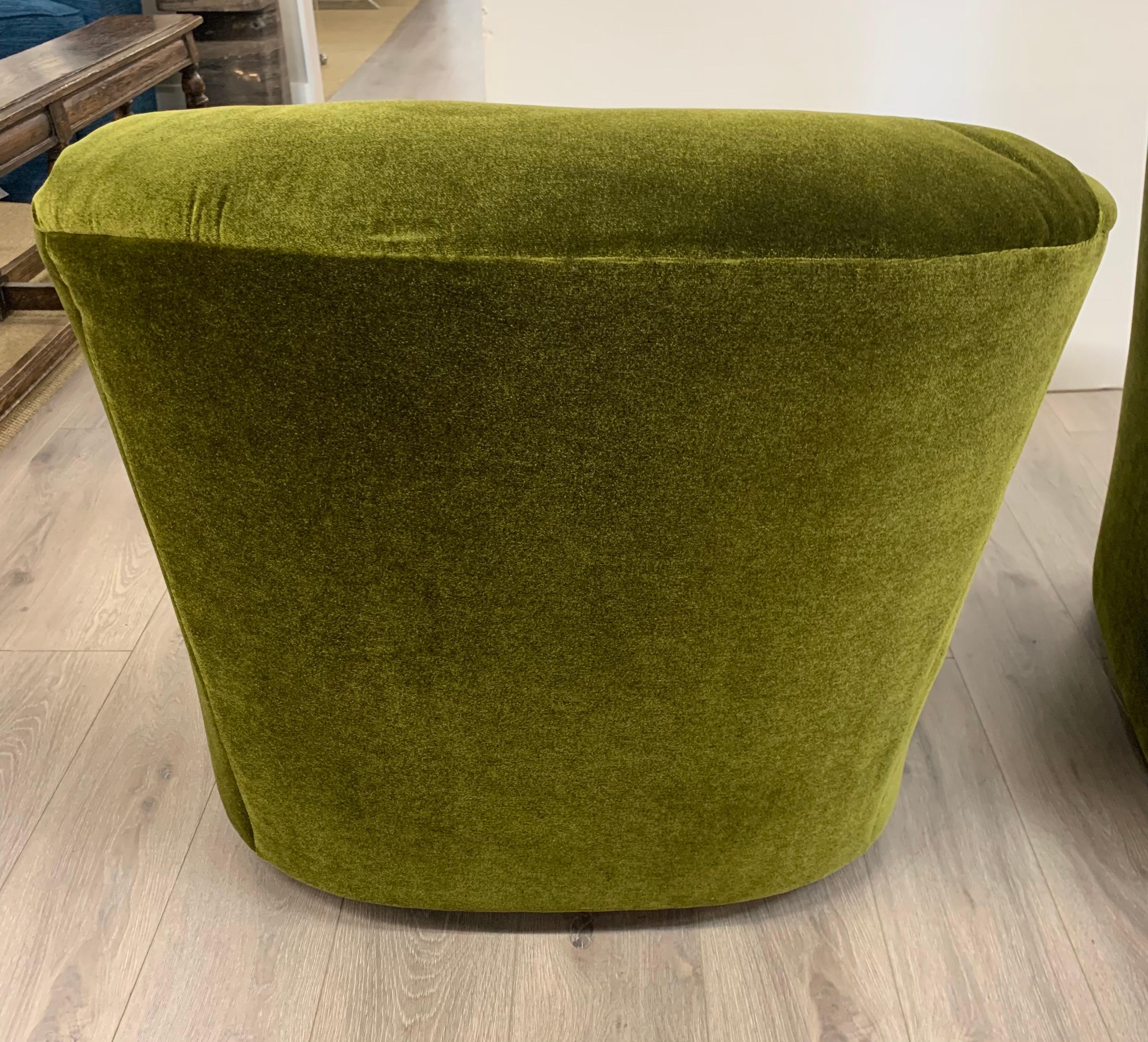 20th Century Newly Upholstered Mid Century Olive Green Mohair Swivel Lounge Chairs