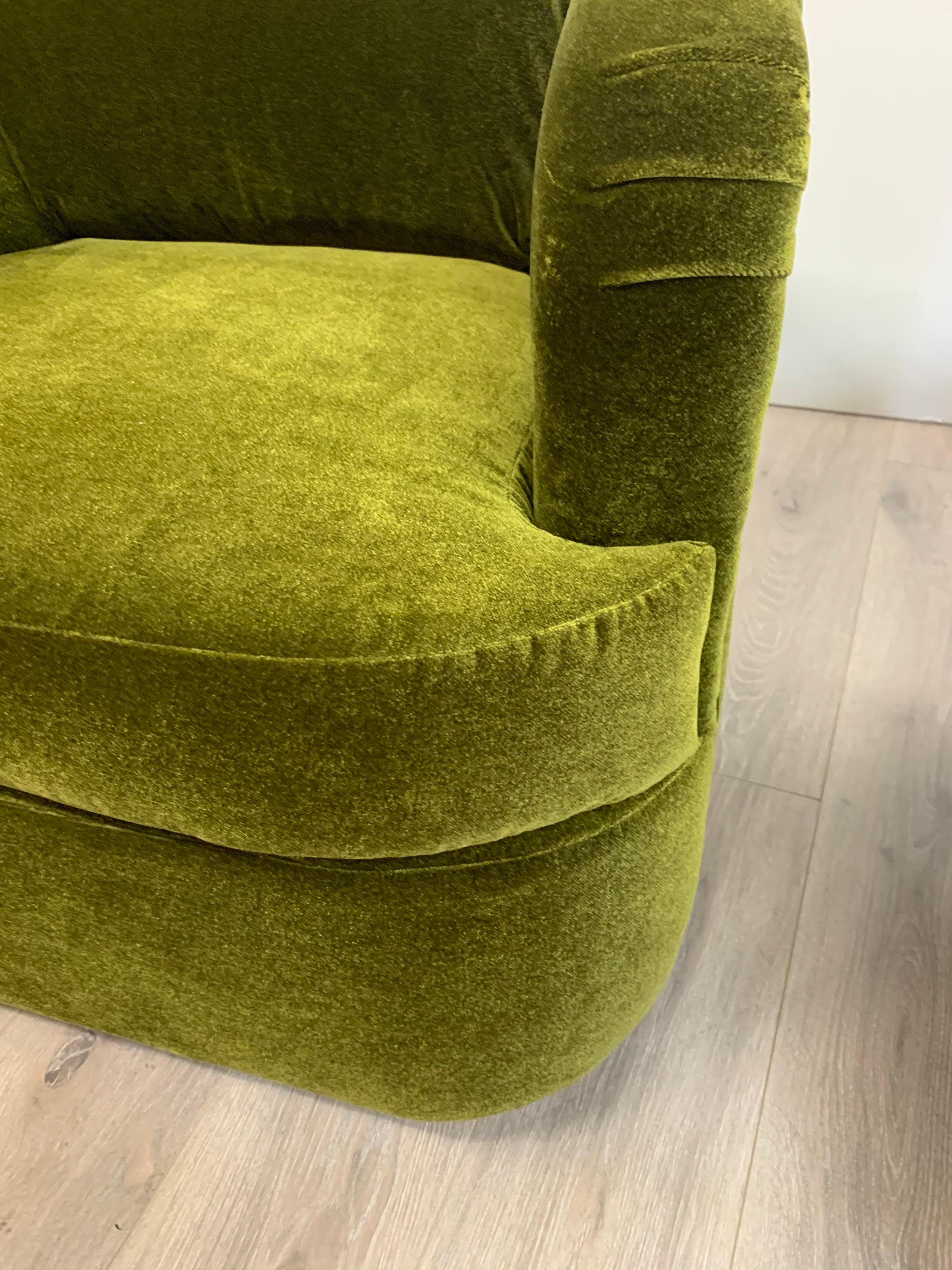 Newly Upholstered Mid Century Olive Green Mohair Swivel Lounge Chairs 3