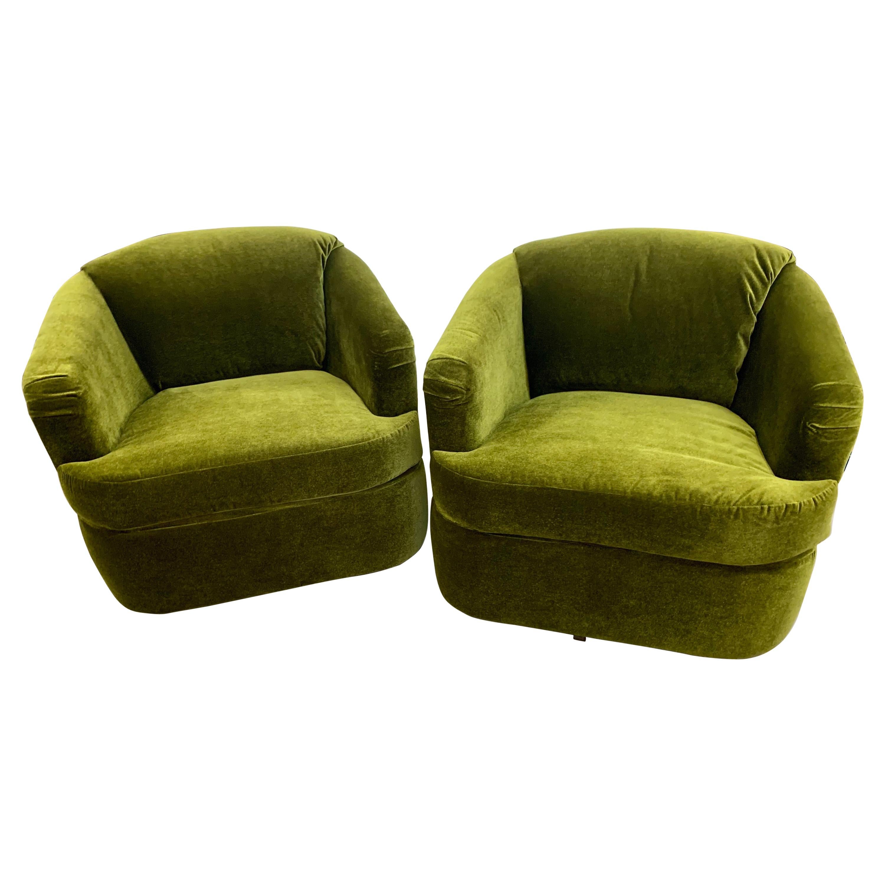 Newly Upholstered Mid Century Olive Green Mohair Swivel Lounge Chairs