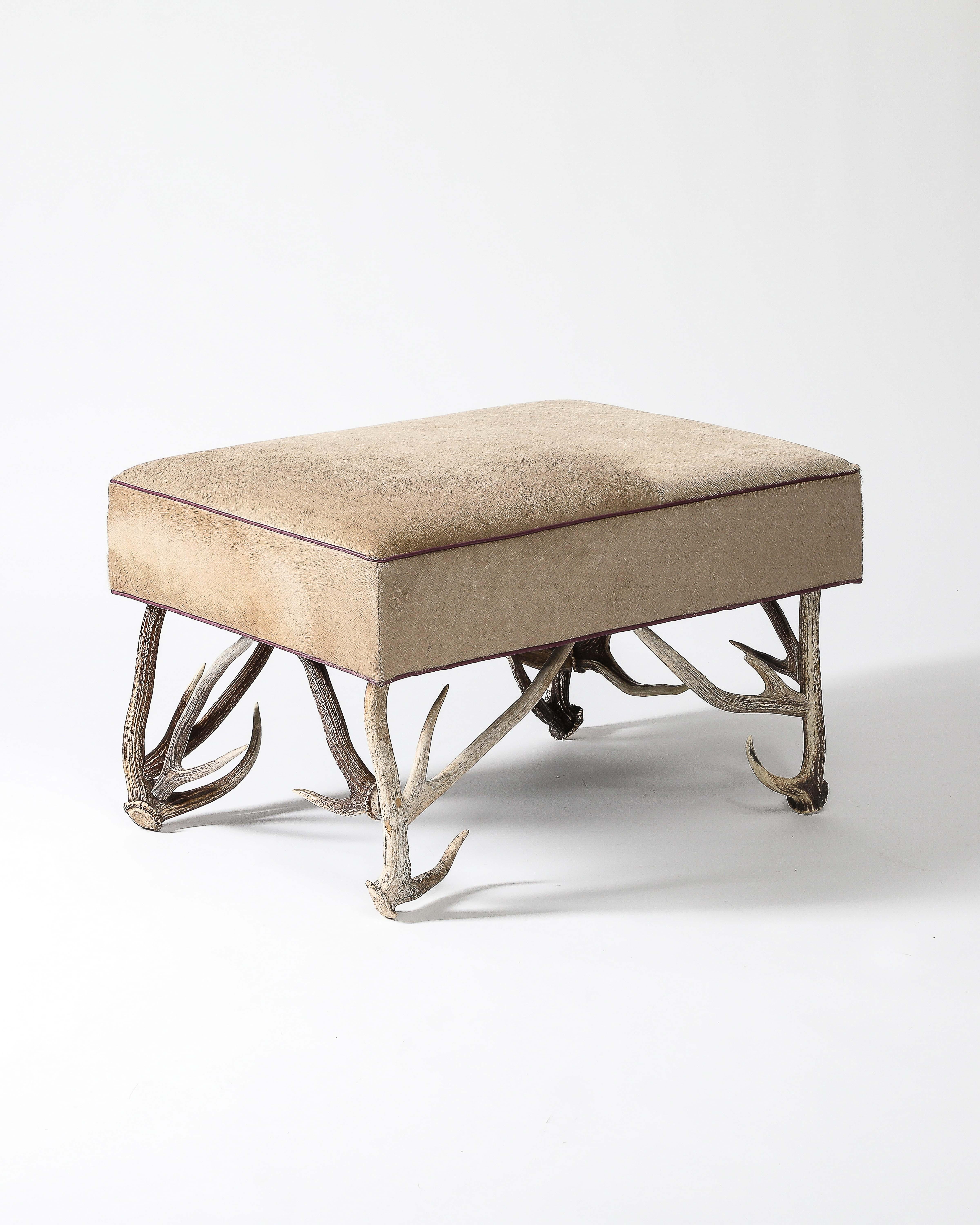 Newly Upholstered Ottoman with Antler Legs, United States For Sale 5