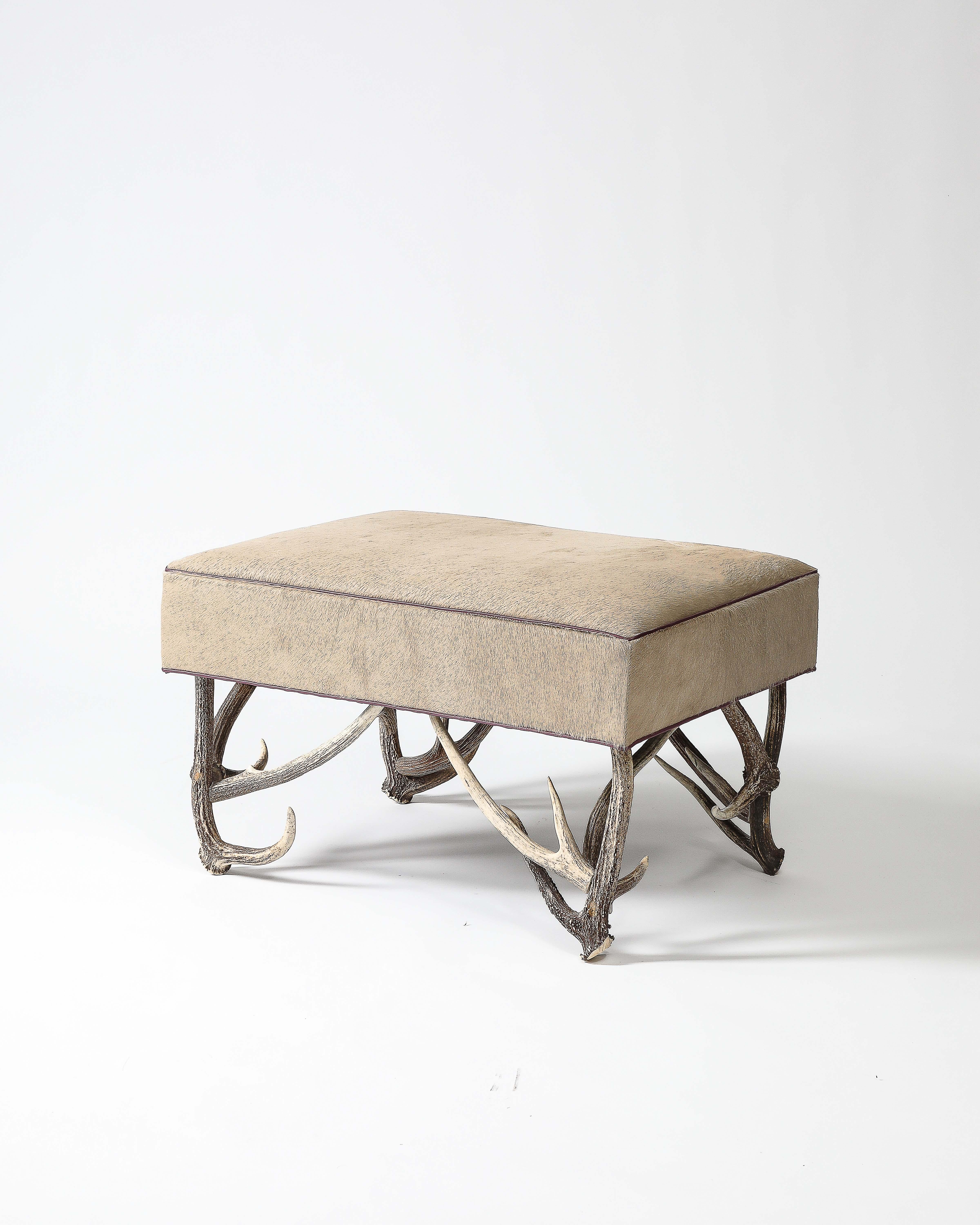 Newly Upholstered Ottoman with Antler Legs, United States For Sale 7