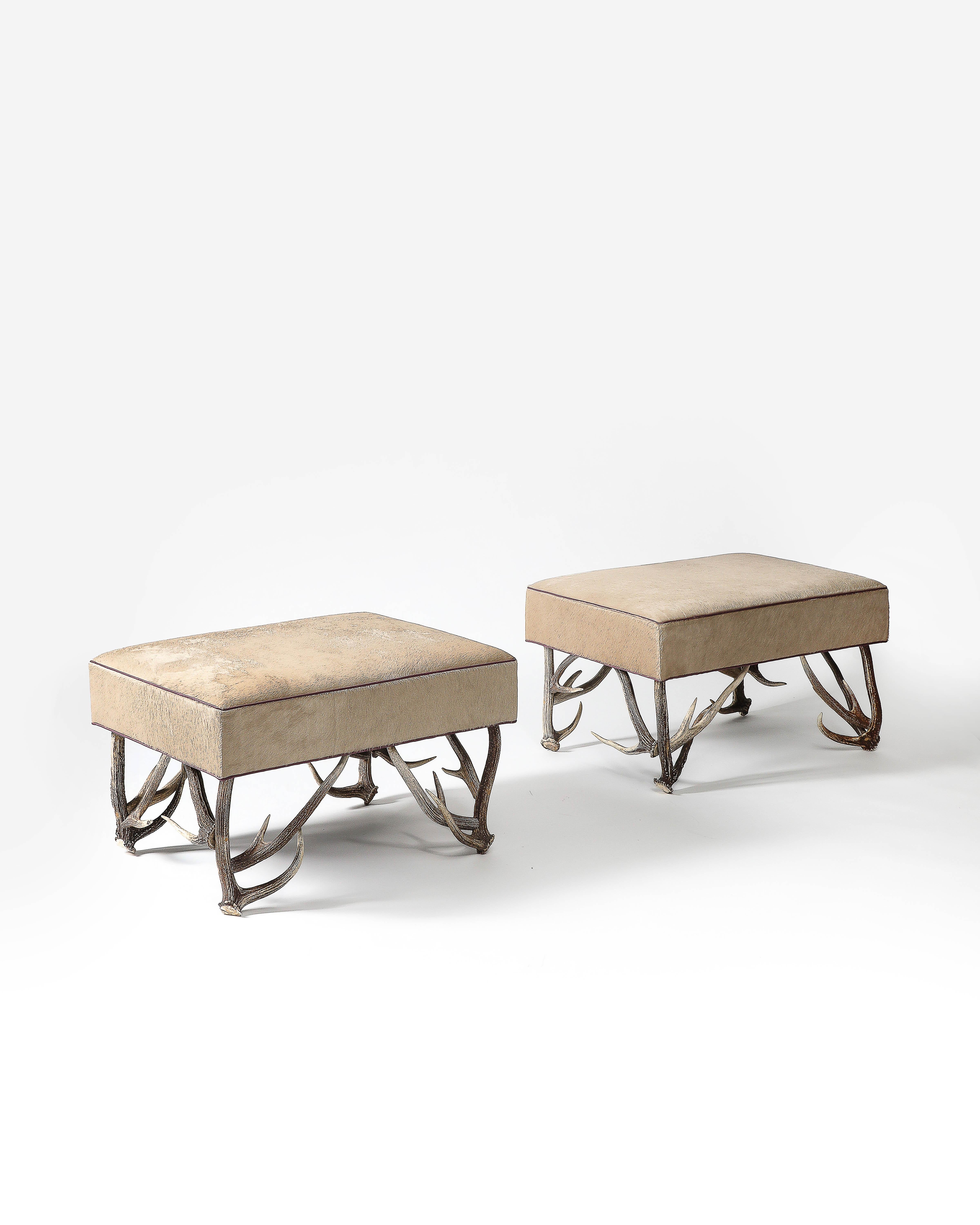 American Newly Upholstered Ottoman with Antler Legs, United States For Sale