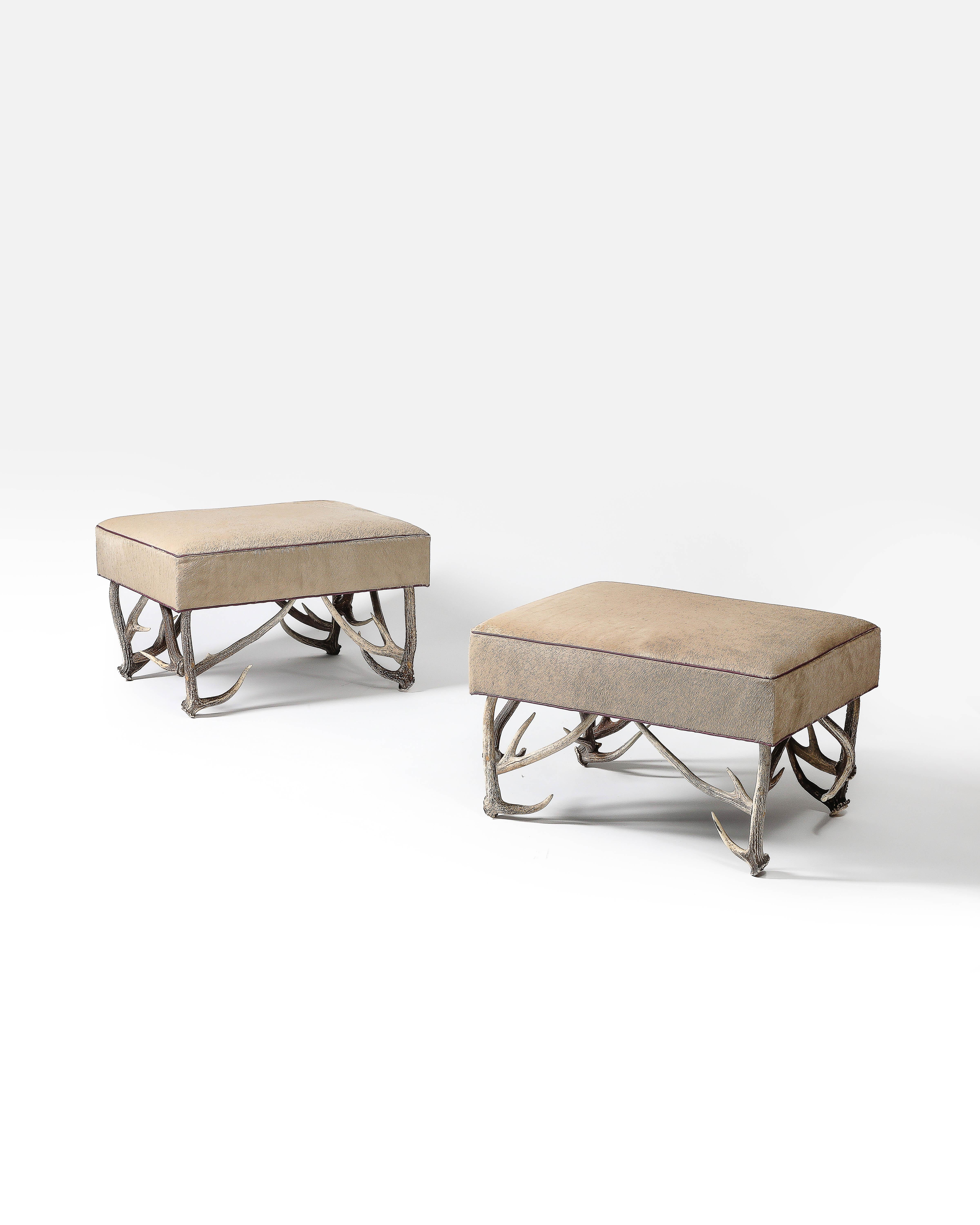 Newly Upholstered Ottoman with Antler Legs, United States In Excellent Condition For Sale In New York City, NY