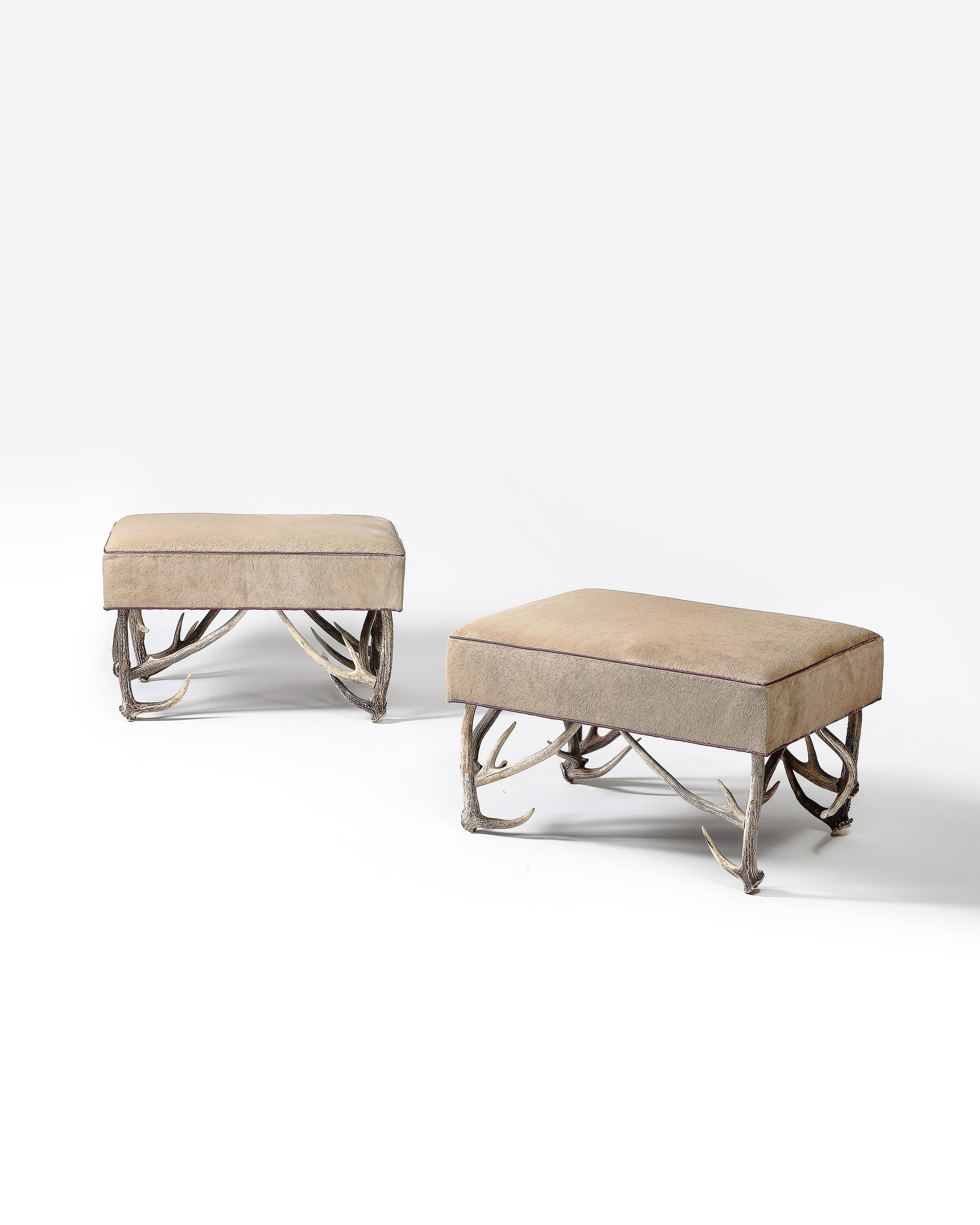 Contemporary Newly Upholstered Ottoman with Antler Legs, United States For Sale