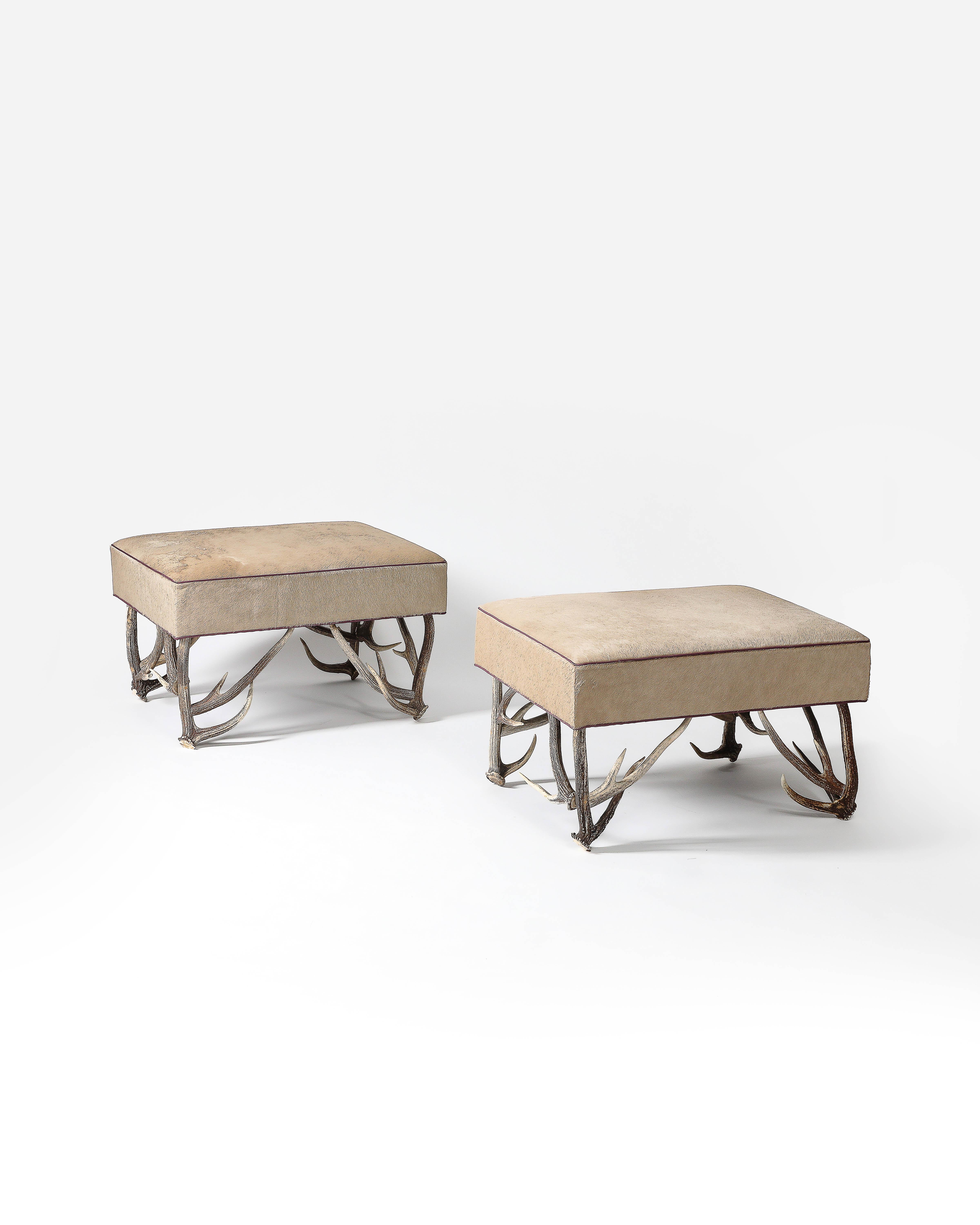 Newly Upholstered Ottoman with Antler Legs, United States For Sale 1