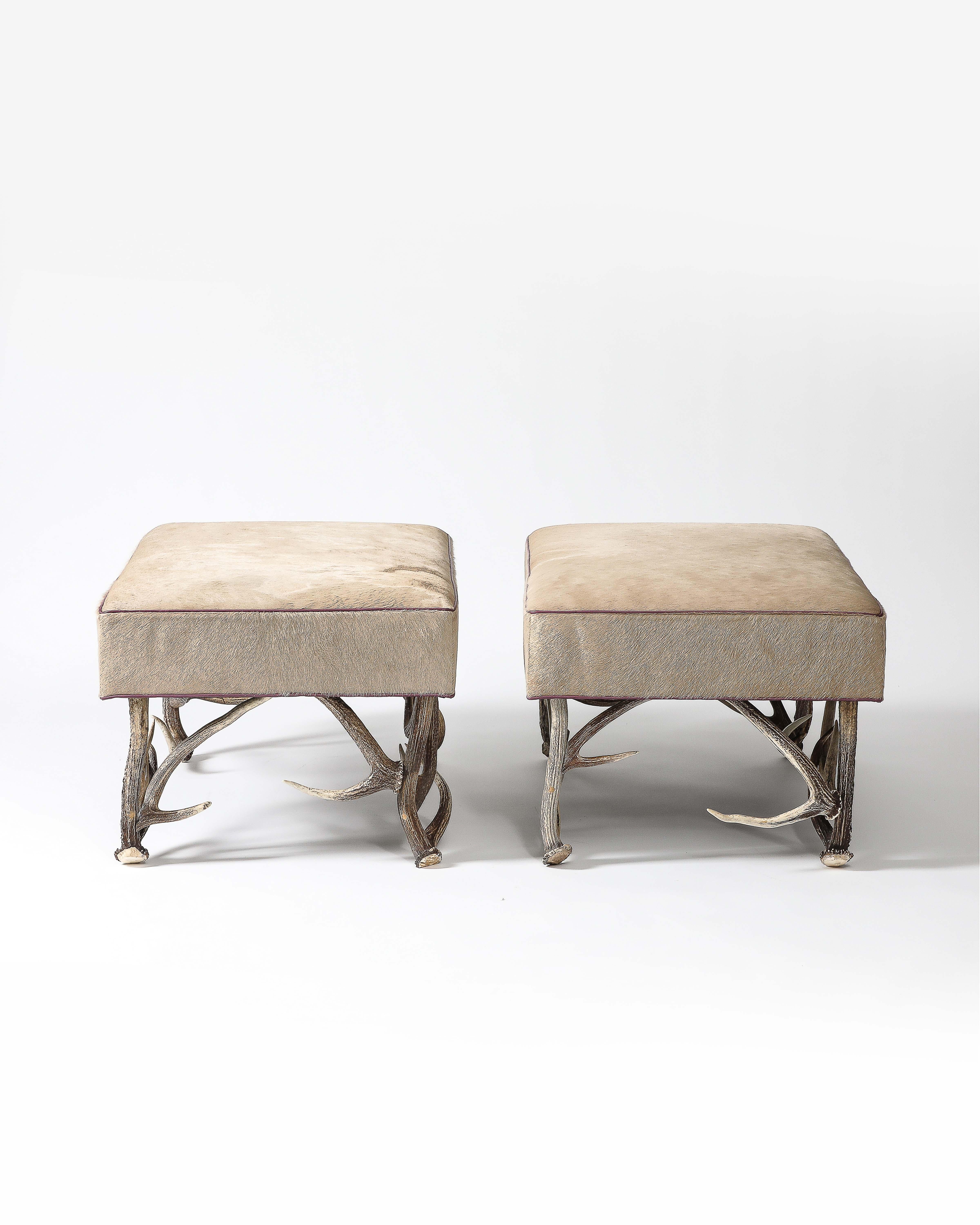 Newly Upholstered Ottoman with Antler Legs, United States For Sale 2