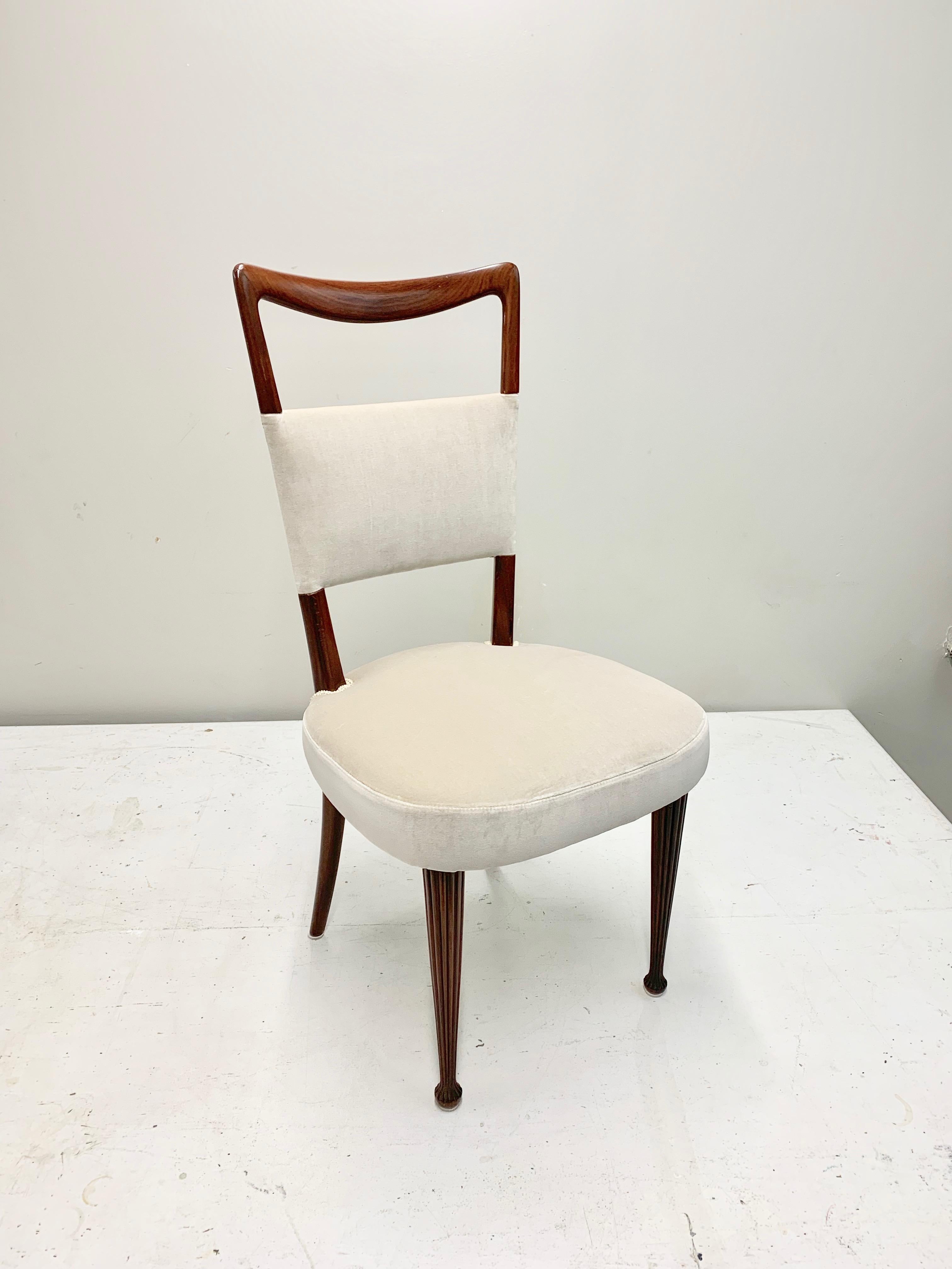 Italian Newly Upholstered Set of Four Osvaldo Borsani Rosewood and Velvet Dining Chairs For Sale