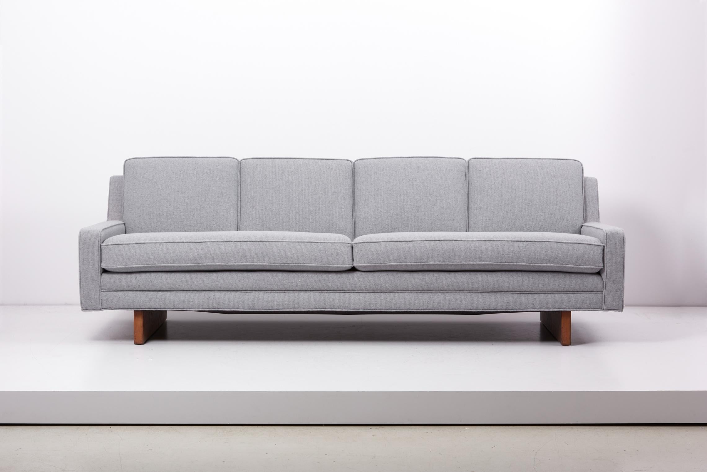 Newly upholstered 1950s sofa on wooden legs by Harvey Probber, US. Fabric by Kvadrat.