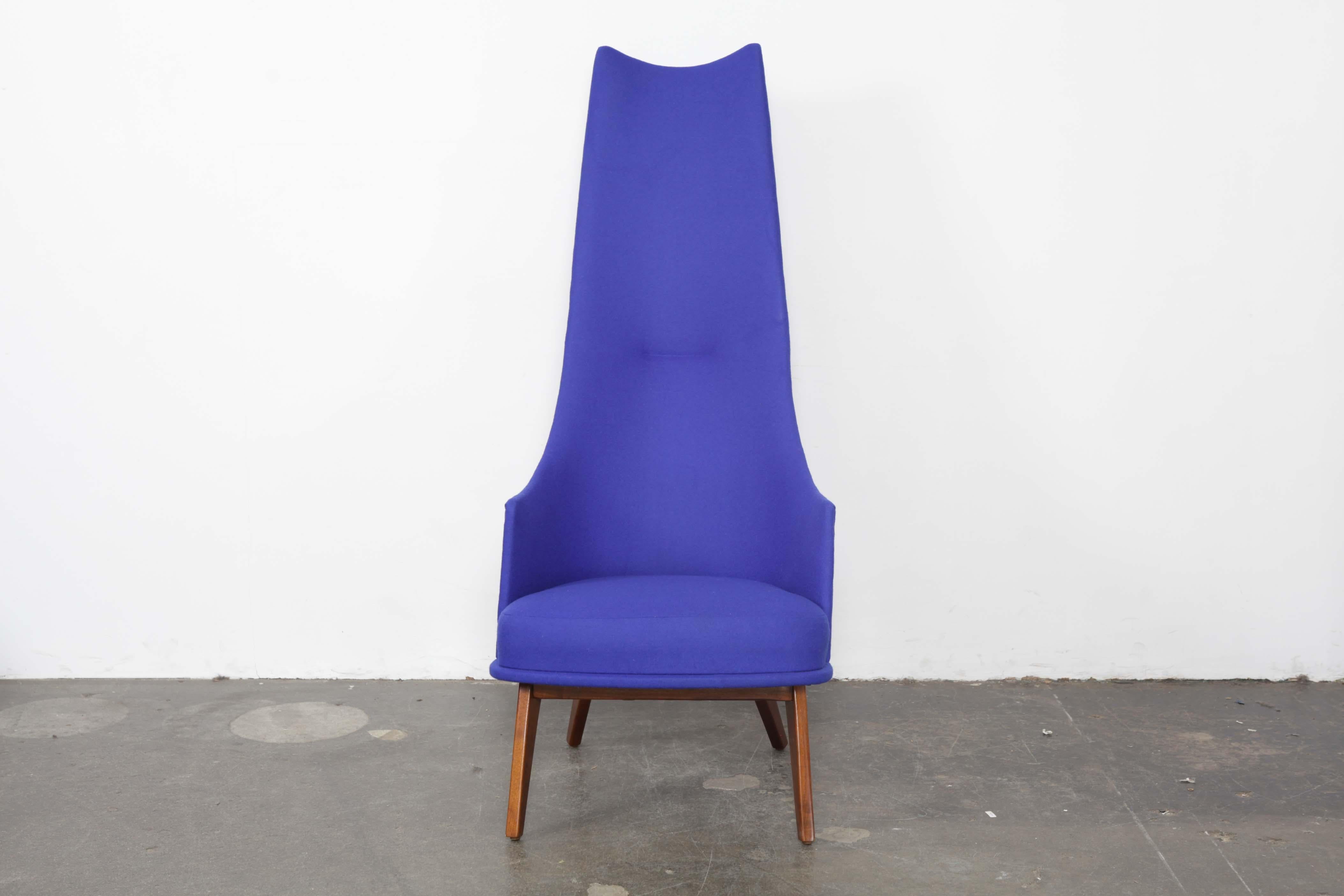 Adrian Pearsall designed tall lounge chair newly upholstered in a very nice Maharam purple fabric. USA, 1960s. Solid walnut base has been newly refinished.