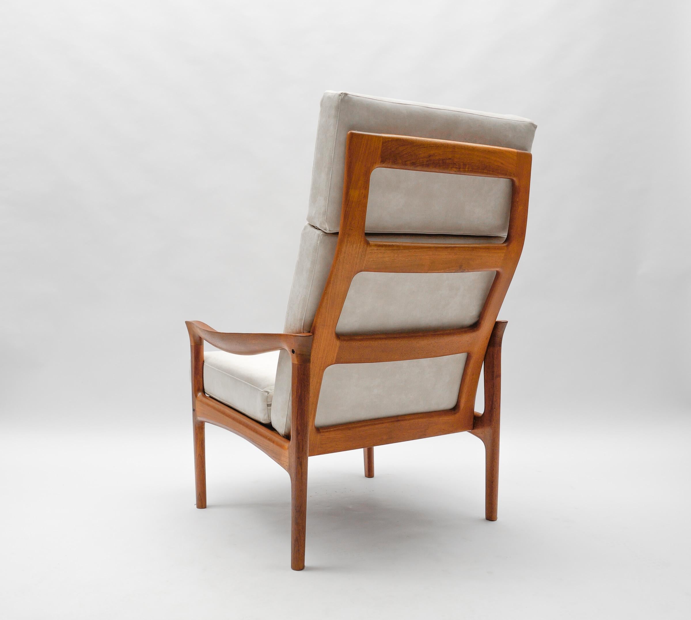 Mid-20th Century Newly Upholstered Teak High-Back Armchair, 1960s Denmark For Sale