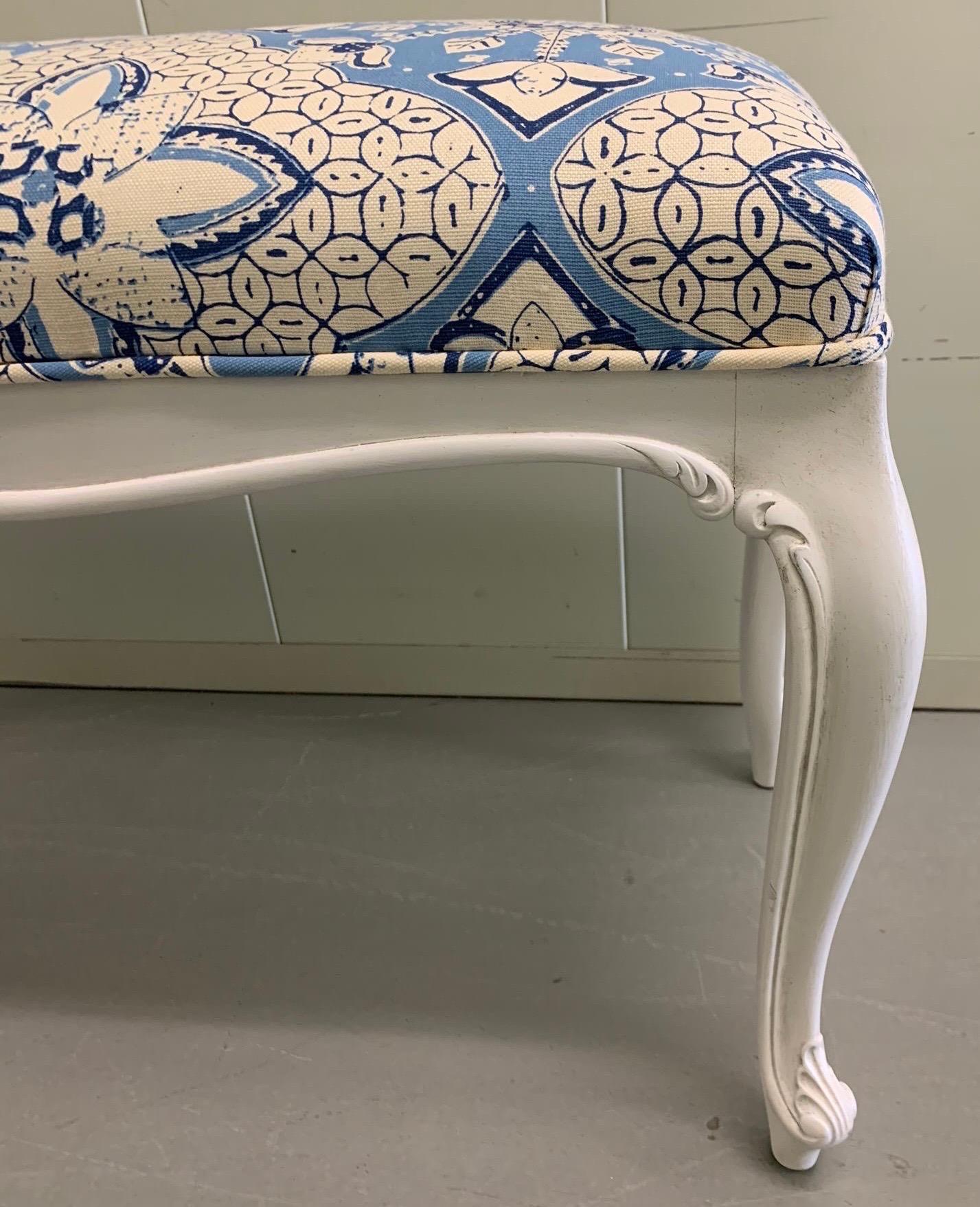 Hollywood Regency French White Painted Bench Newly Upholstered