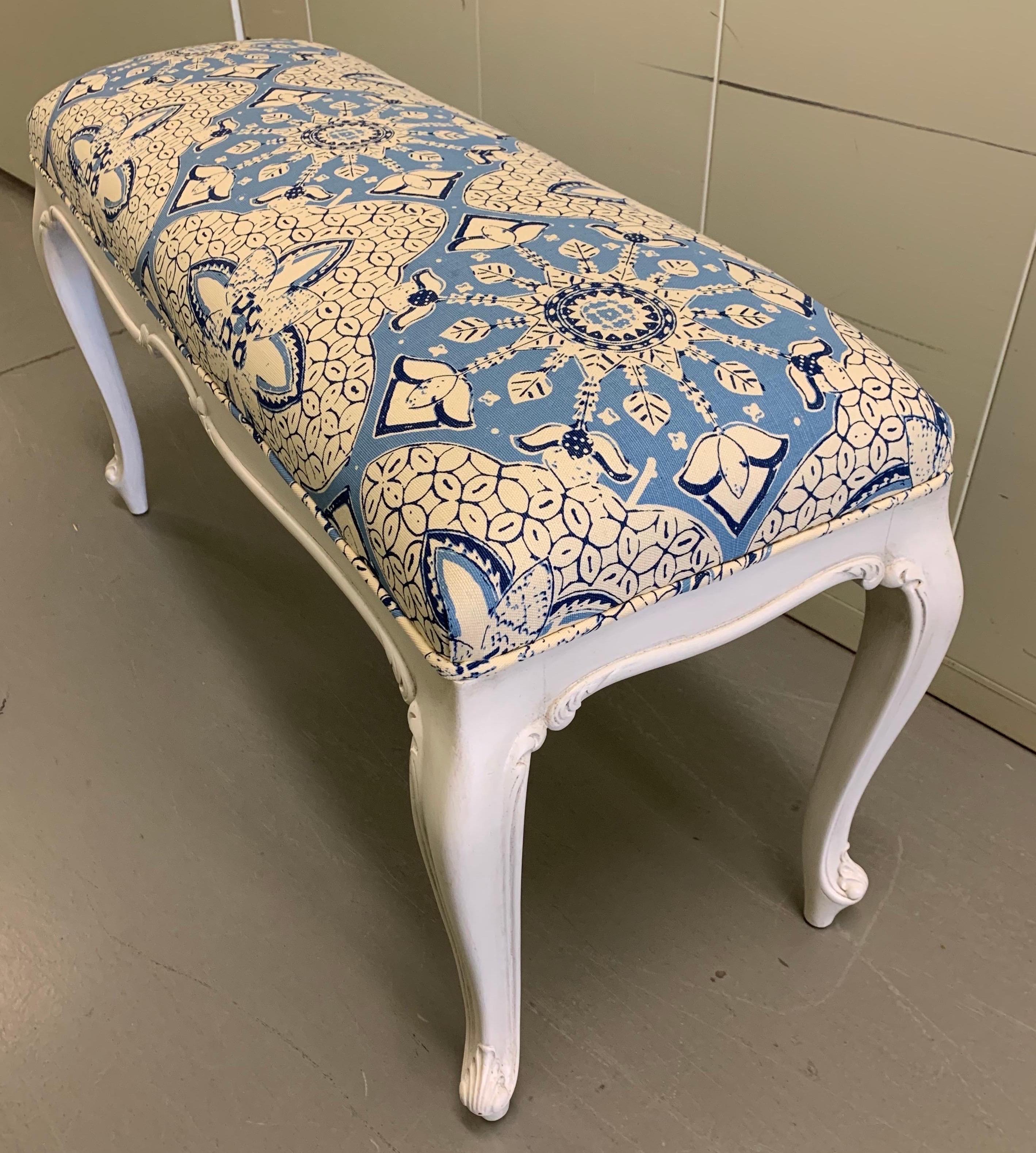 American French White Painted Bench Newly Upholstered