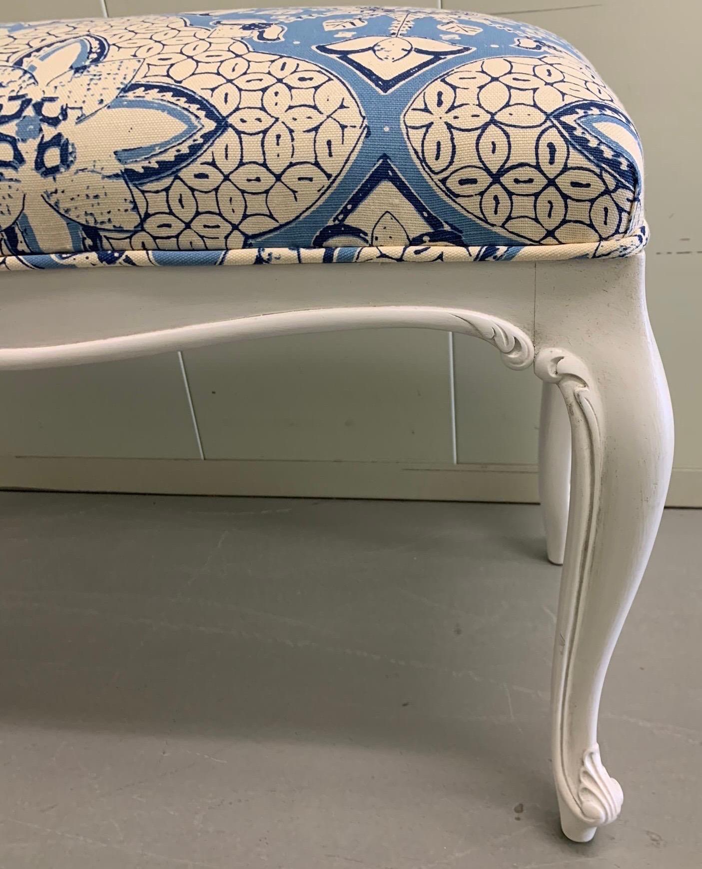 Mid-20th Century French White Painted Bench Newly Upholstered