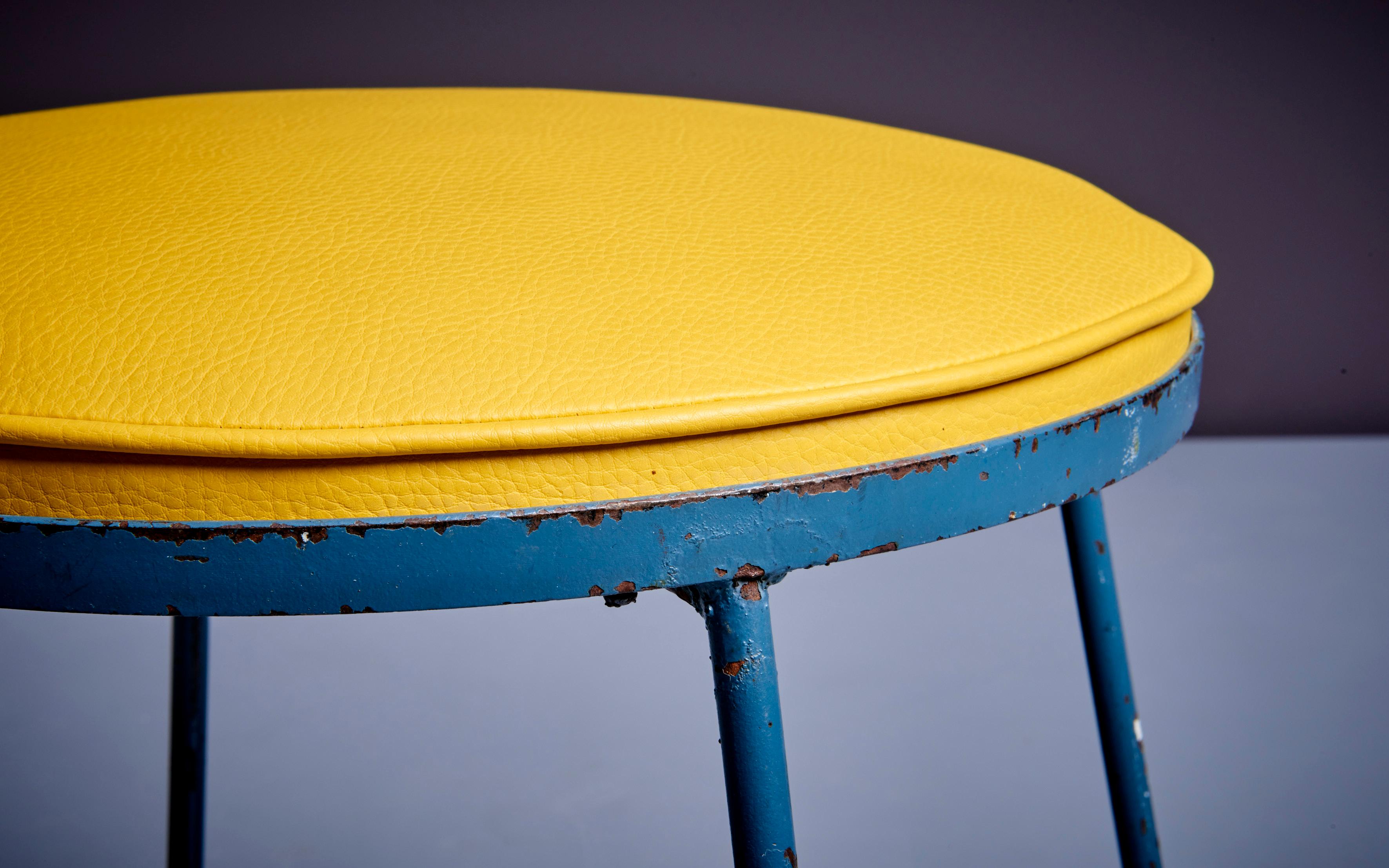 Mid-Century Modern Newly Upholstered Wrought Iron Stool by Frederic Weinberg, Signed For Sale