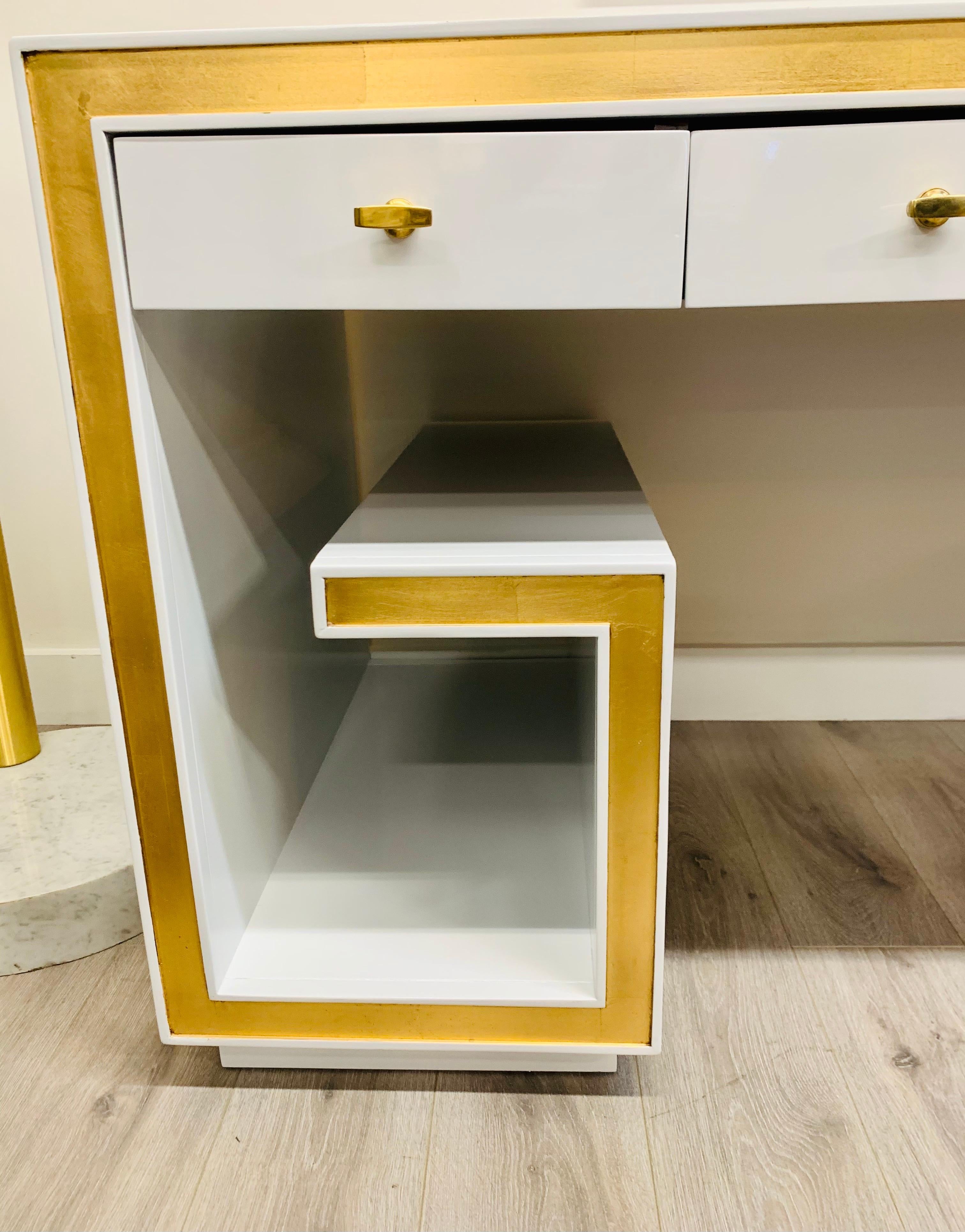 Hollywood Regency Newly White Lacquered Writing Desk with Gold Accents Table