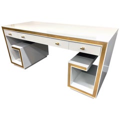 Retro Newly White Lacquered Writing Desk with Gold Accents Table