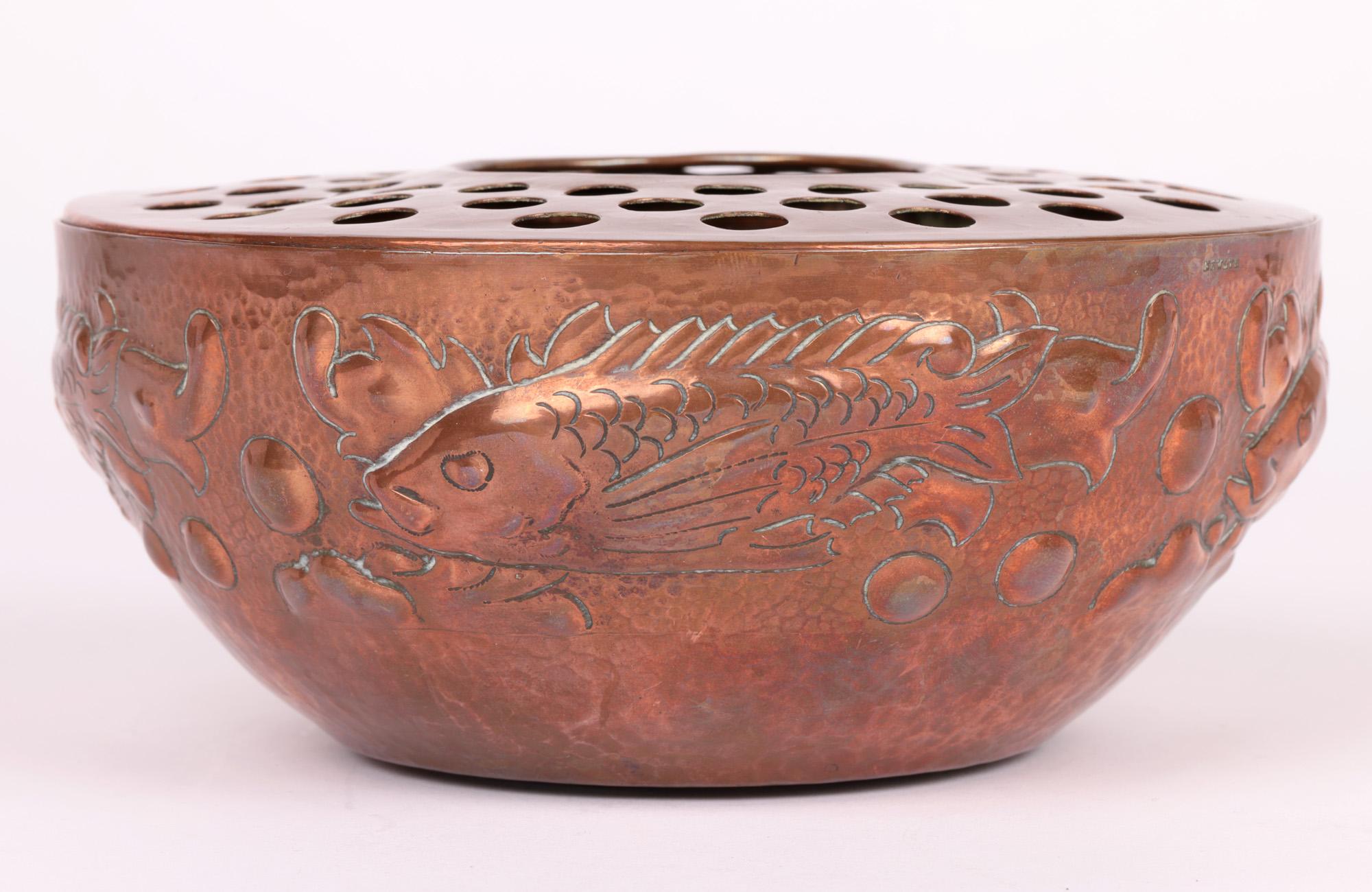 Newlyn Arts & Crafts Copper Posy Bowl with Fish For Sale 3