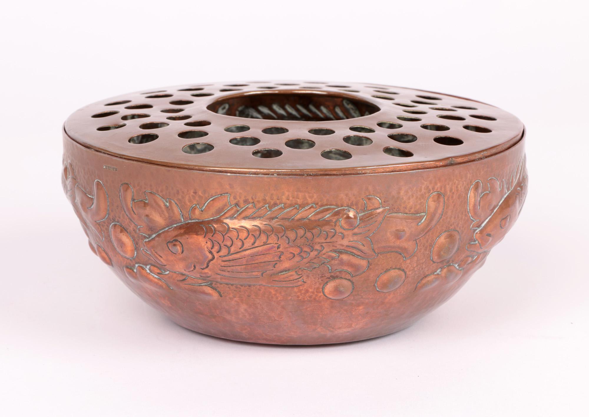 Hand-Crafted Newlyn Arts & Crafts Copper Posy Bowl with Fish For Sale