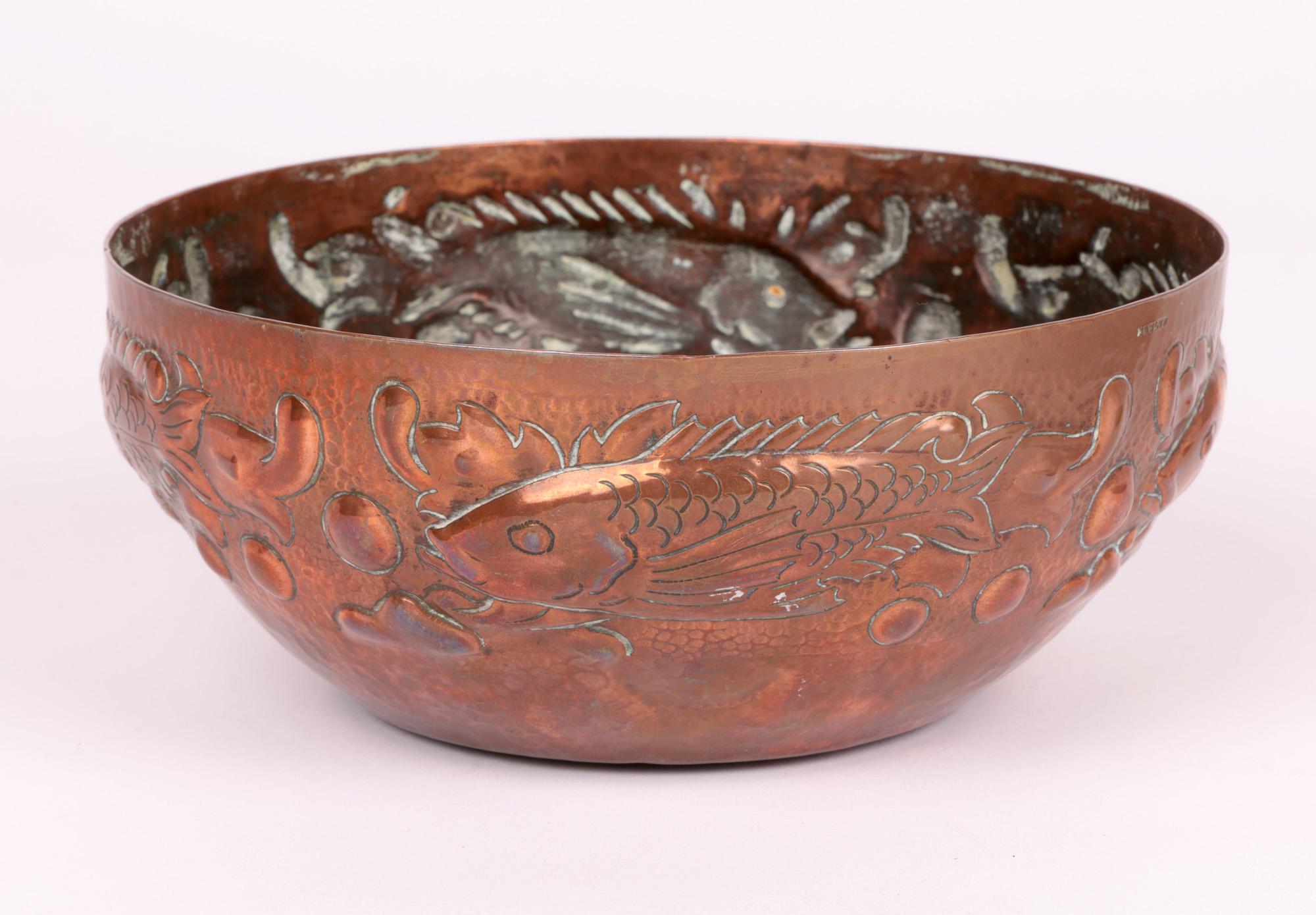Early 20th Century Newlyn Arts & Crafts Copper Posy Bowl with Fish For Sale