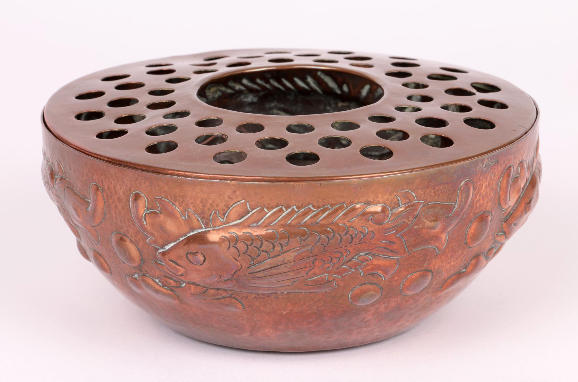 Newlyn Arts & Crafts Copper Posy Bowl with Fish For Sale 2