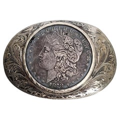 Vintage Newman's Reno Silver Shop Sterling Silver Morgan Dollar Belt Buckle with Engravi