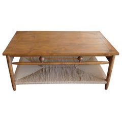 Newport 1980s Style Stained Alder Coffee Table with Rush Shelf