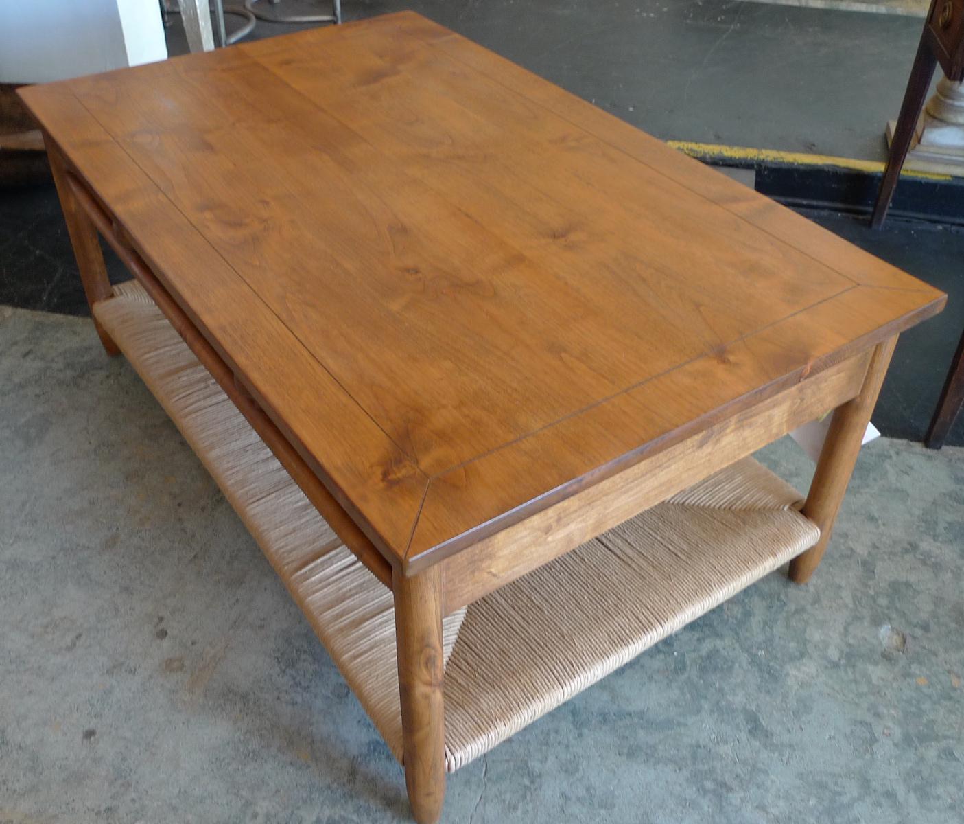 American Newport 1980s Style Wood Coffee Table with Rush Shelf For Sale
