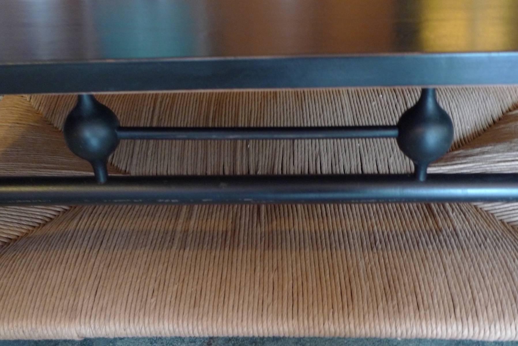 American Newport 1980s Style Wood Coffee Table with Rush Shelf