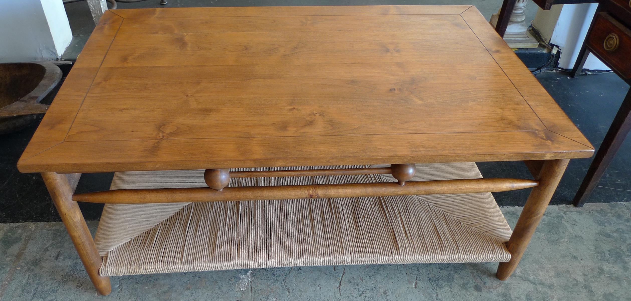 Newport 1980s Style Wood Coffee Table with Rush Shelf In New Condition For Sale In Santa Monica, CA