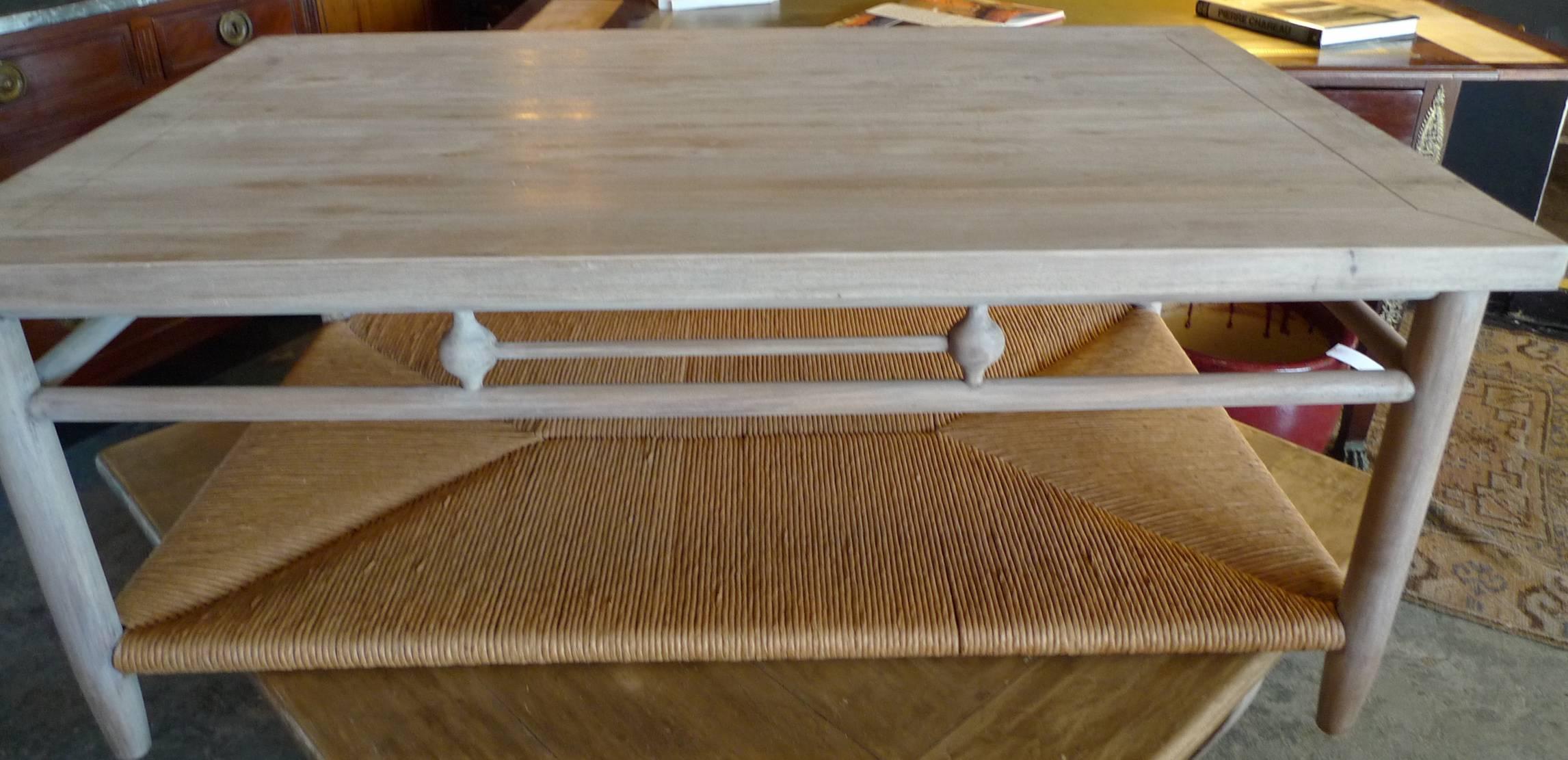 American Newport 1980s Style Wood Coffee Table with Rush Shelf