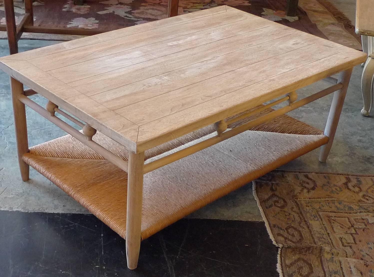 Woven Newport 1980s Style Wood Coffee Table with Rush Shelf
