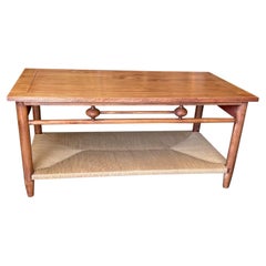 Newport 1980s Style Wood Coffee Table with Rush Shelf