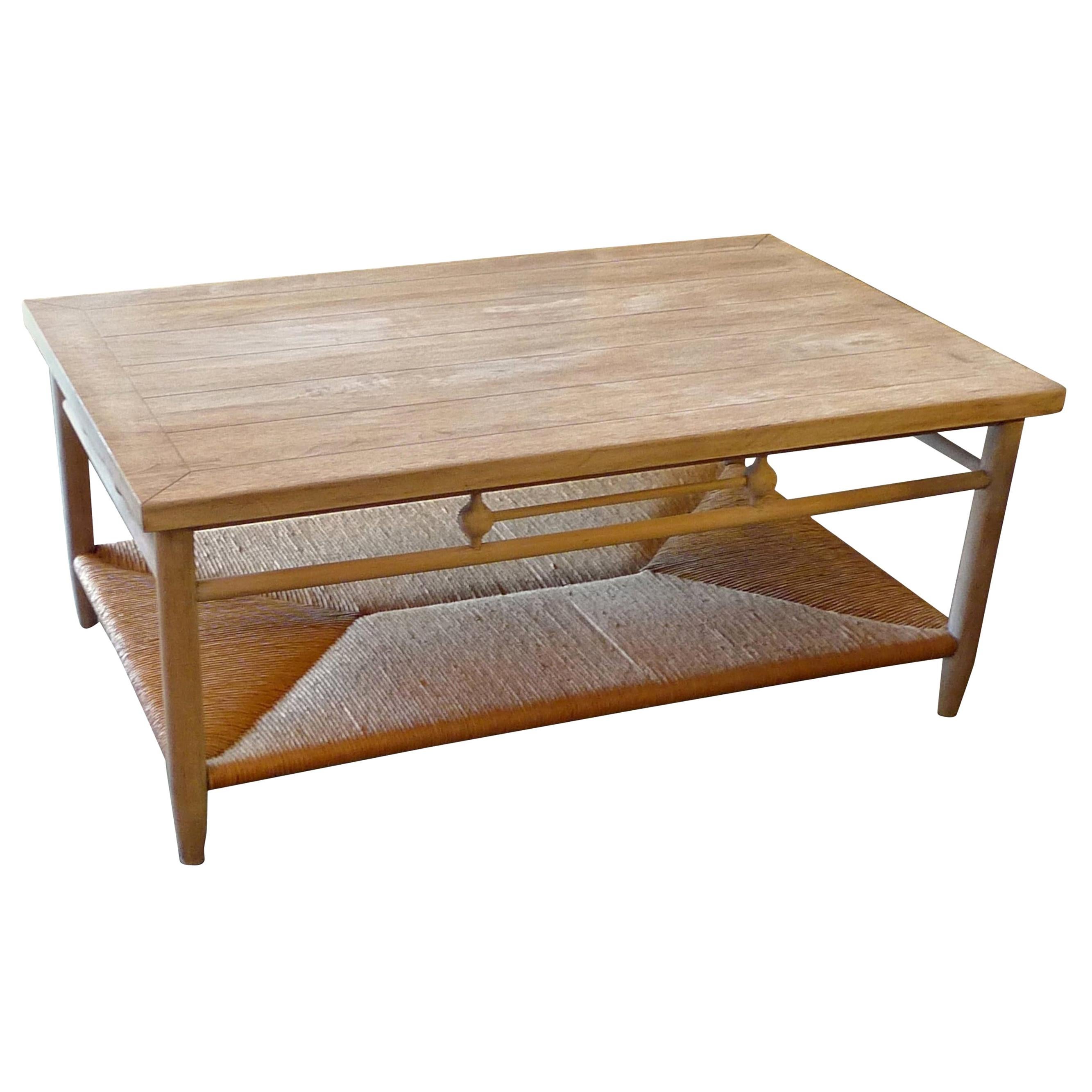 Newport 1980s Style Wood Coffee Table with Rush Shelf For Sale