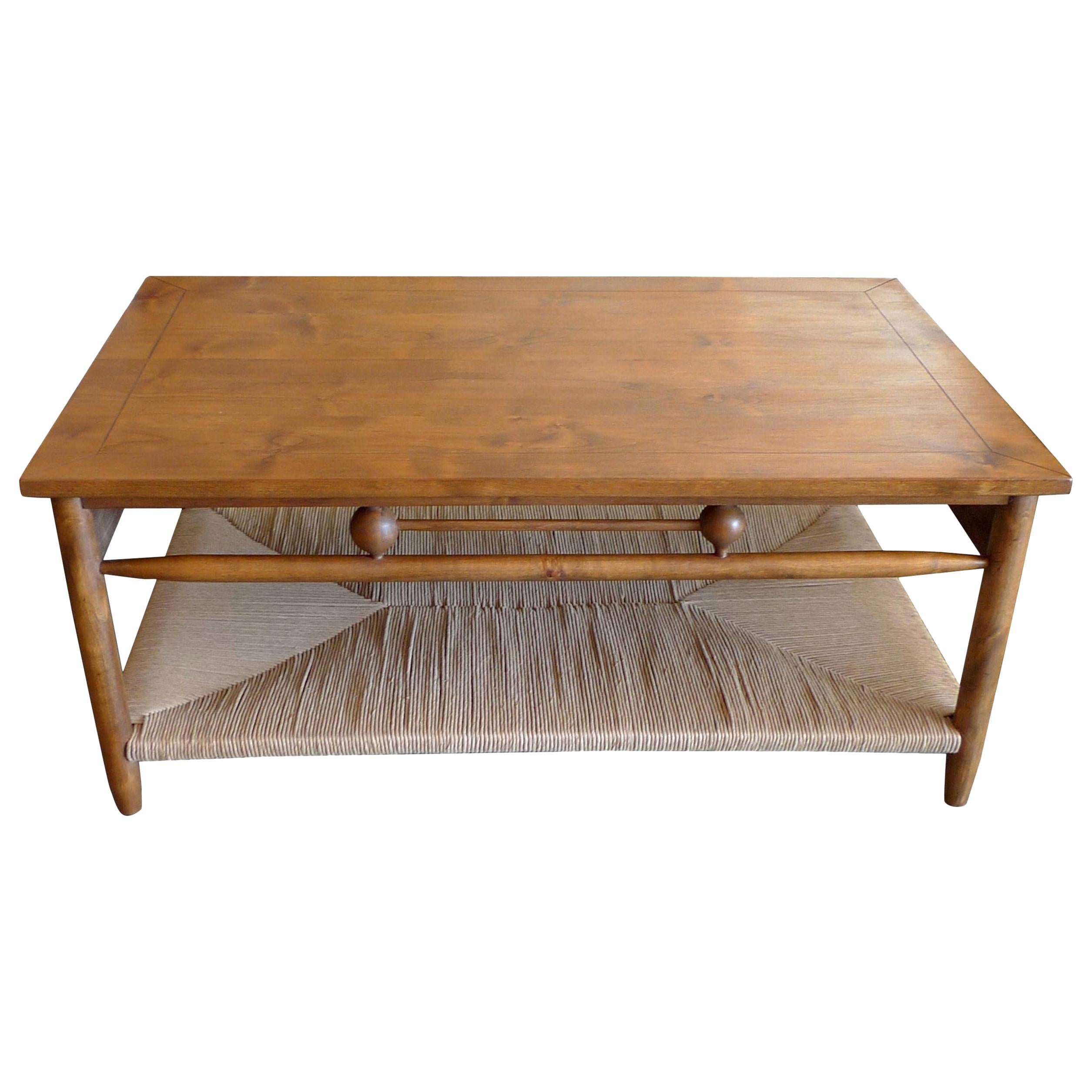 Newport 1980s Style Wood Coffee Table with Rush Shelf For Sale