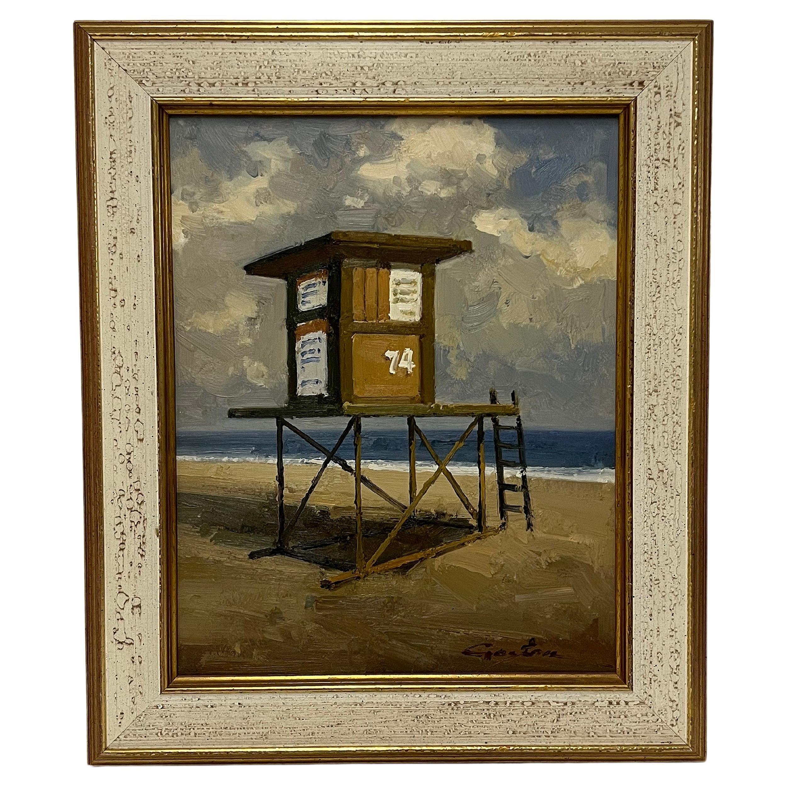 Newport Beach Lifeguard Tower #74 - Signed Oil on Canvas For Sale