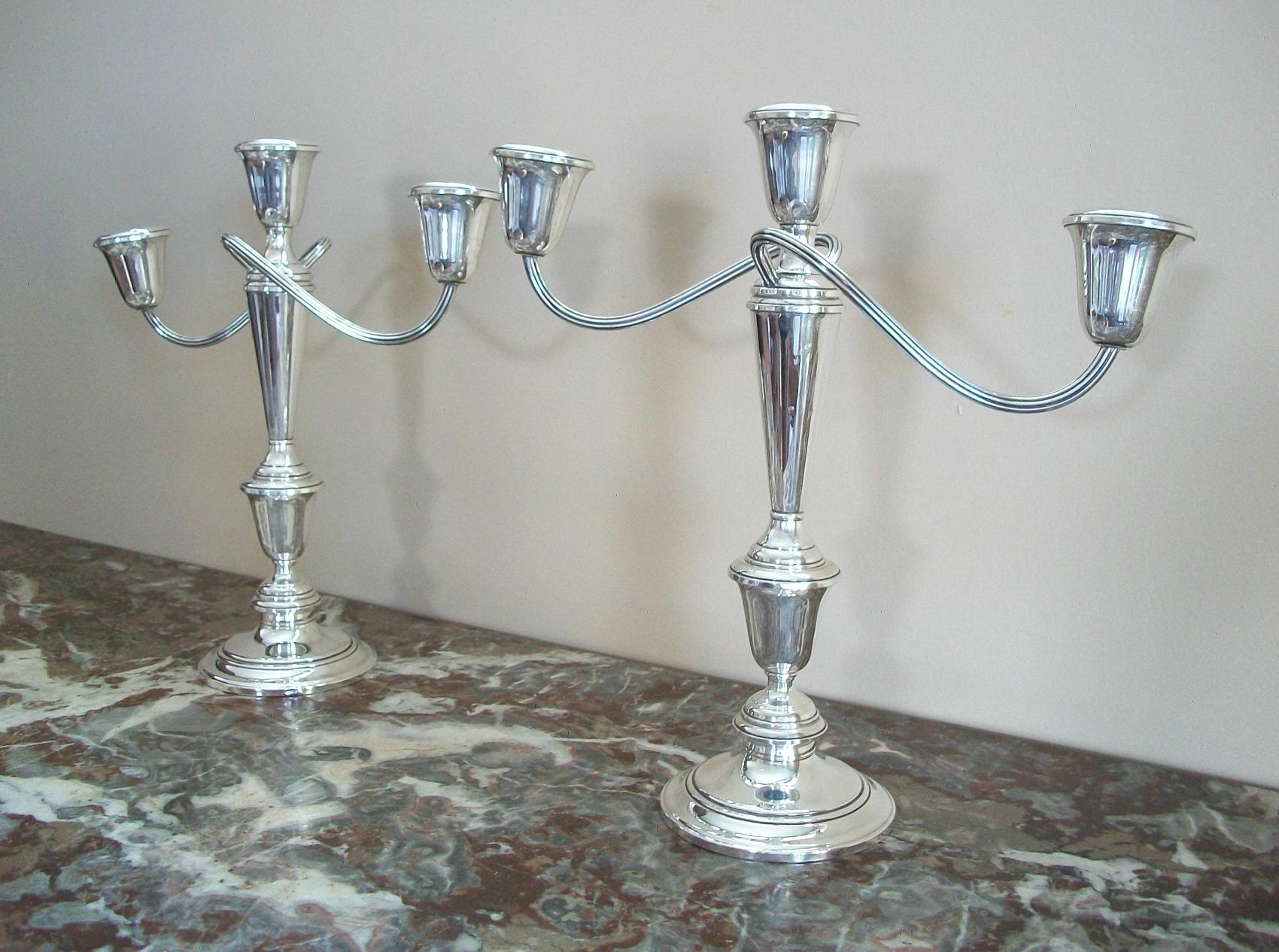 Regency Revival NEWPORT - Pair of Sterling Silver Candelabra - Weighted - U.S.A. - 20th Century For Sale